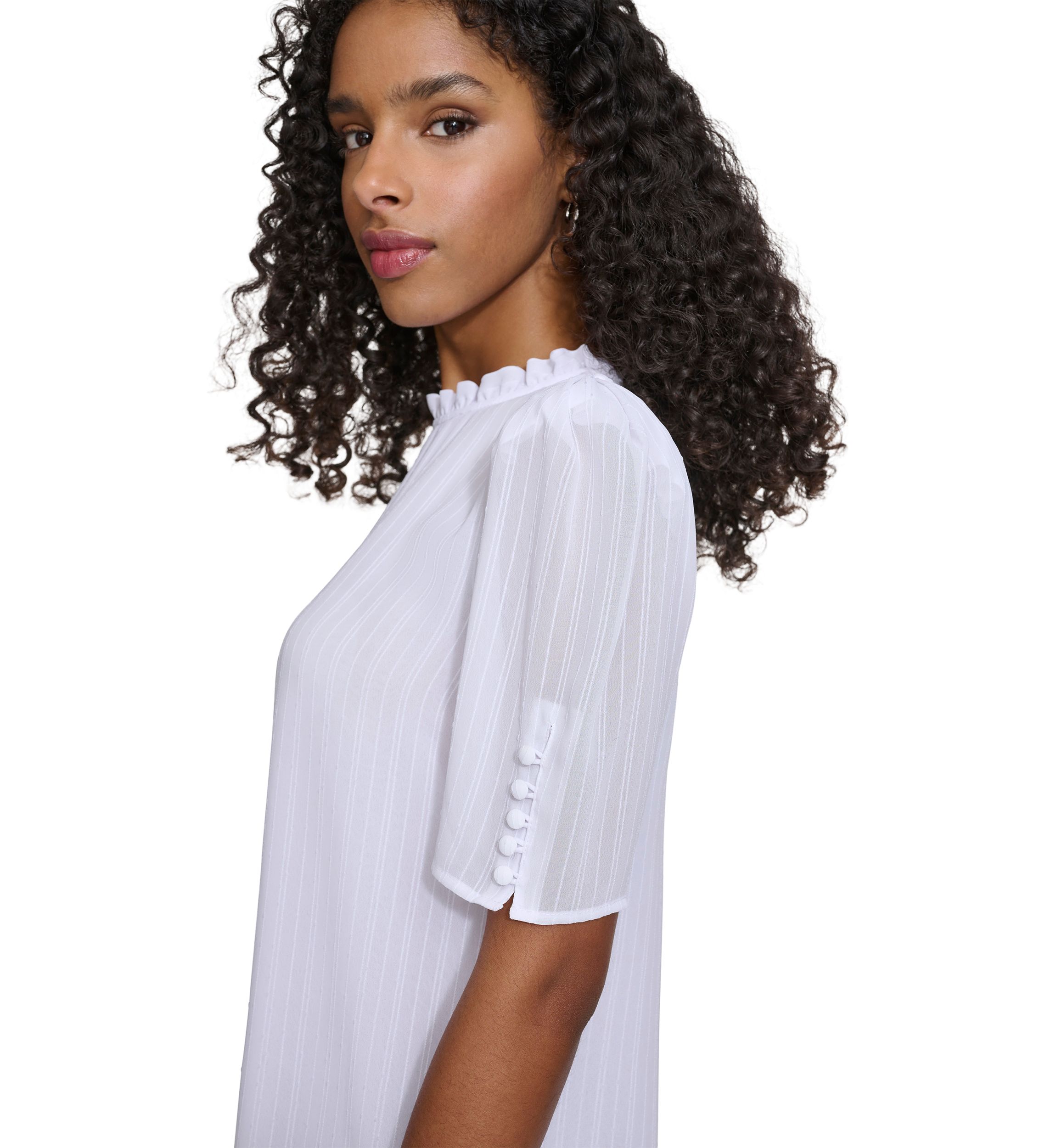 Womens Short Sleeve Ruffle Neckline Blouse