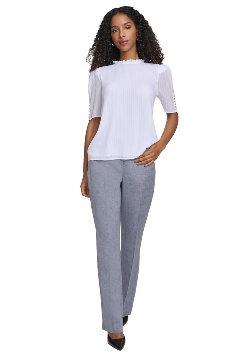 Womens Short Sleeve Ruffle Neckline Blouse