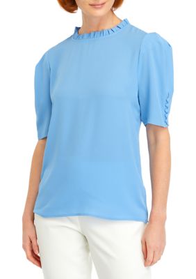 Women's Short Sleeve Ruffle Neckline Blouse