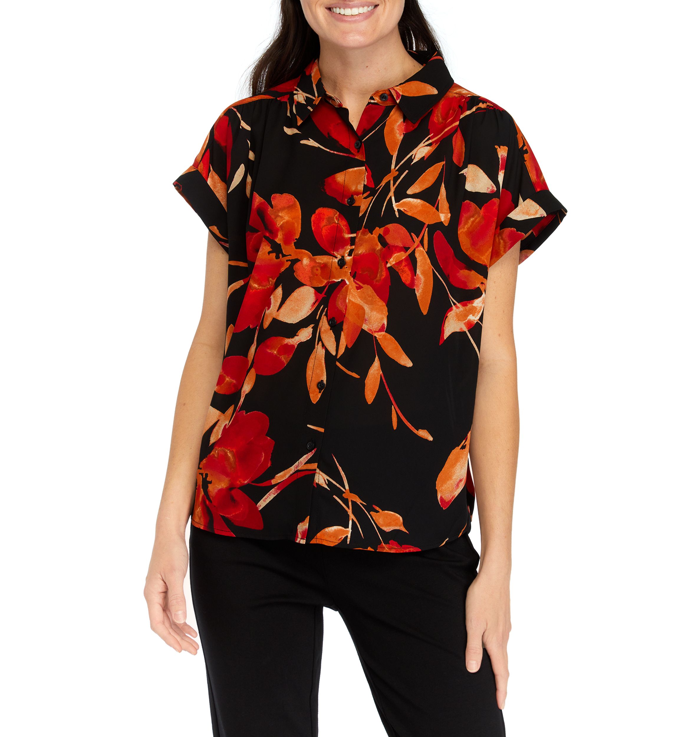 Womens Floral Cap Sleeve Collared Top