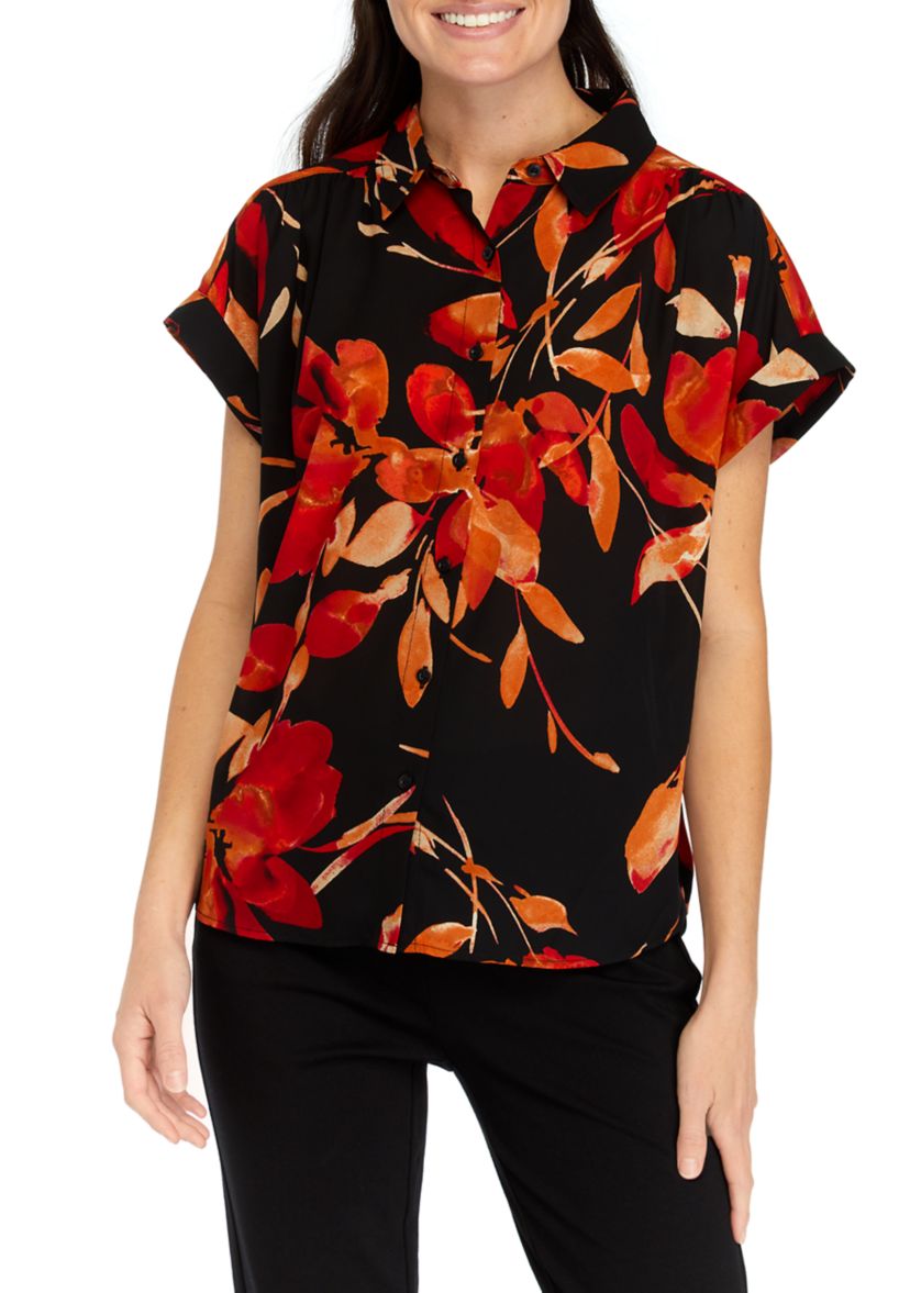 Womens Floral Cap Sleeve Collared Top
