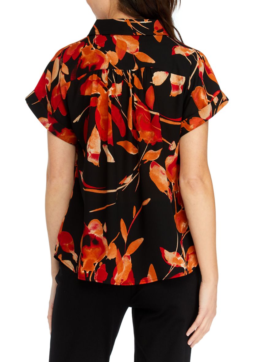 Womens Floral Cap Sleeve Collared Top
