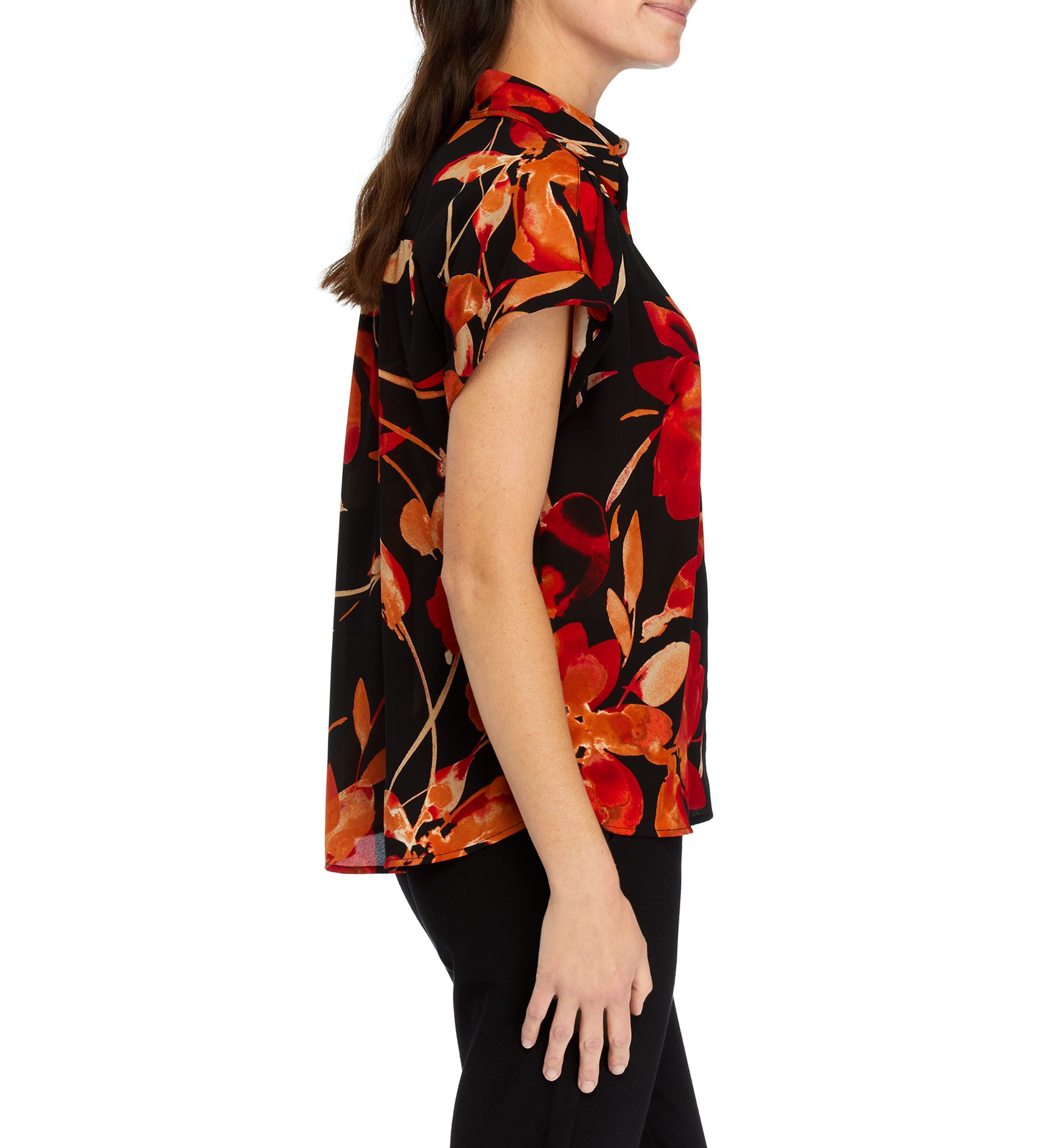Womens Floral Cap Sleeve Collared Top