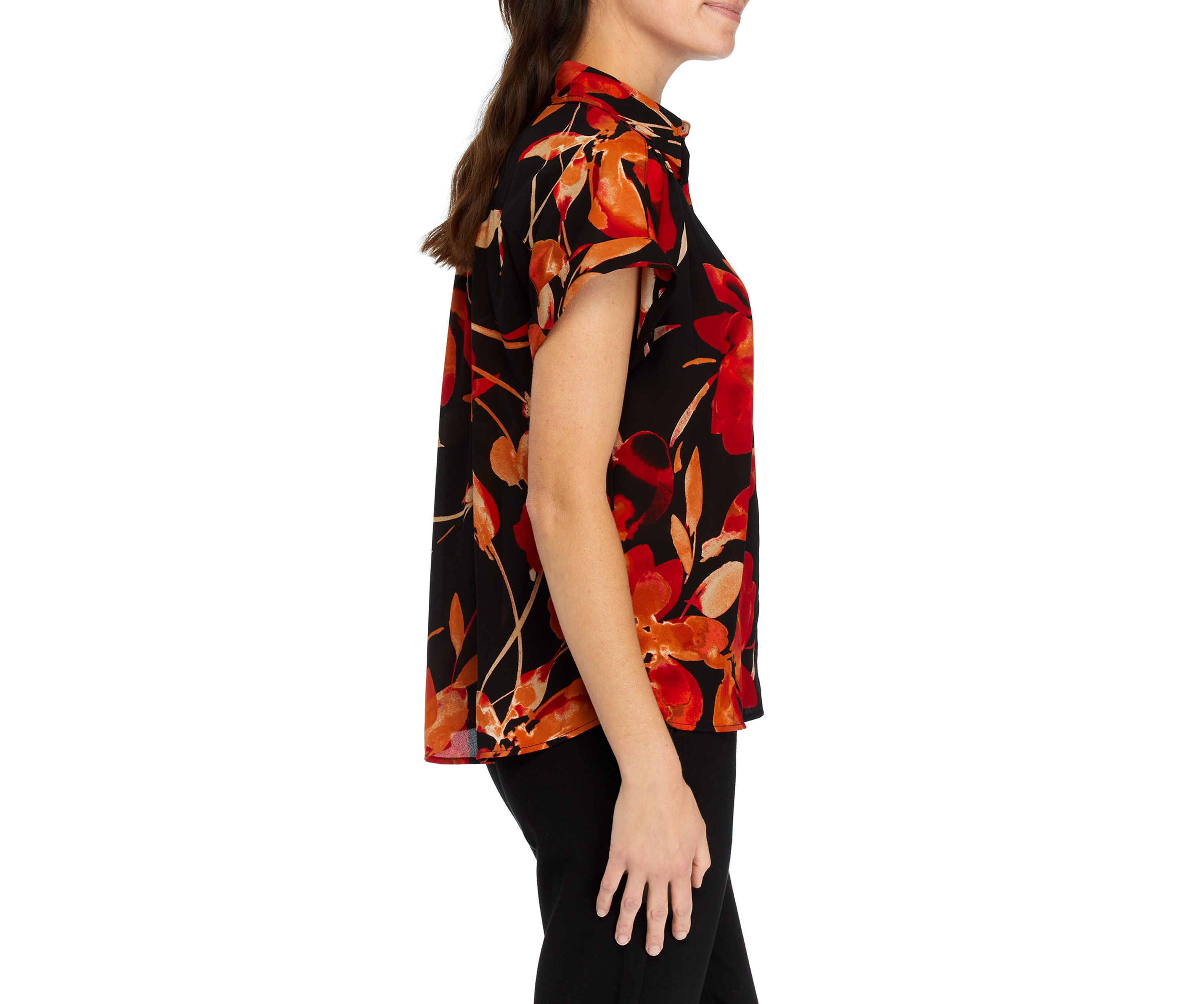 Womens Floral Cap Sleeve Collared Top
