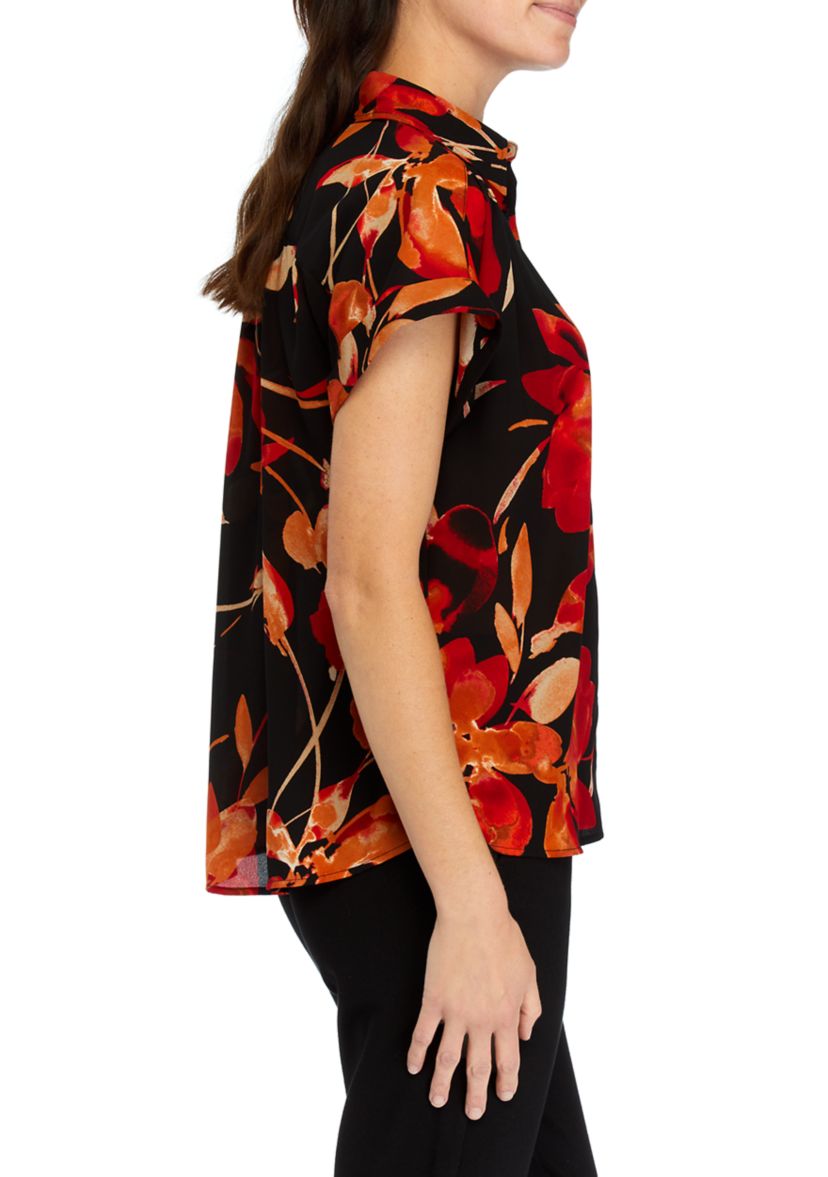 Womens Floral Cap Sleeve Collared Top