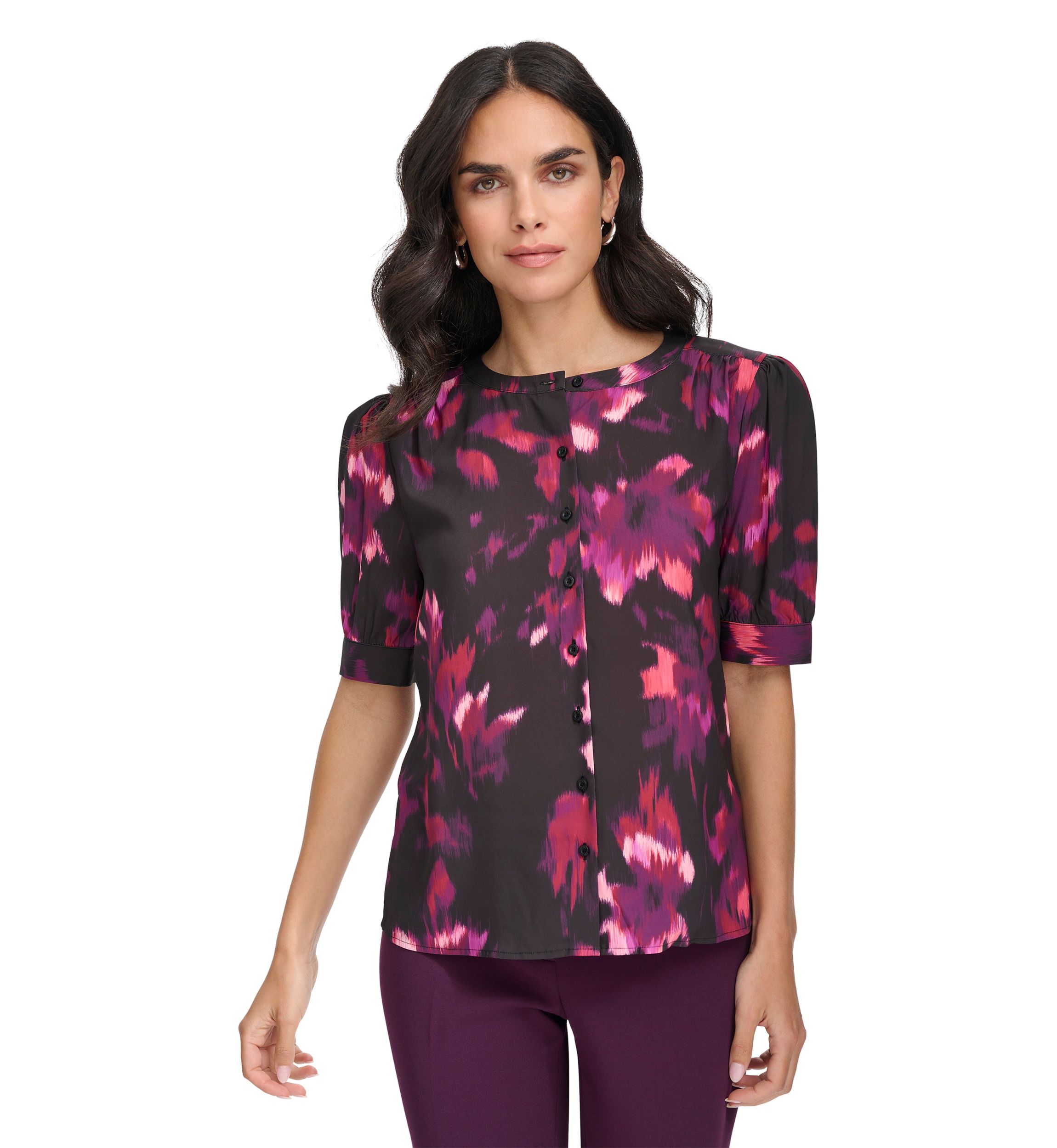 Womens Short Sleeve Button Front Blouse