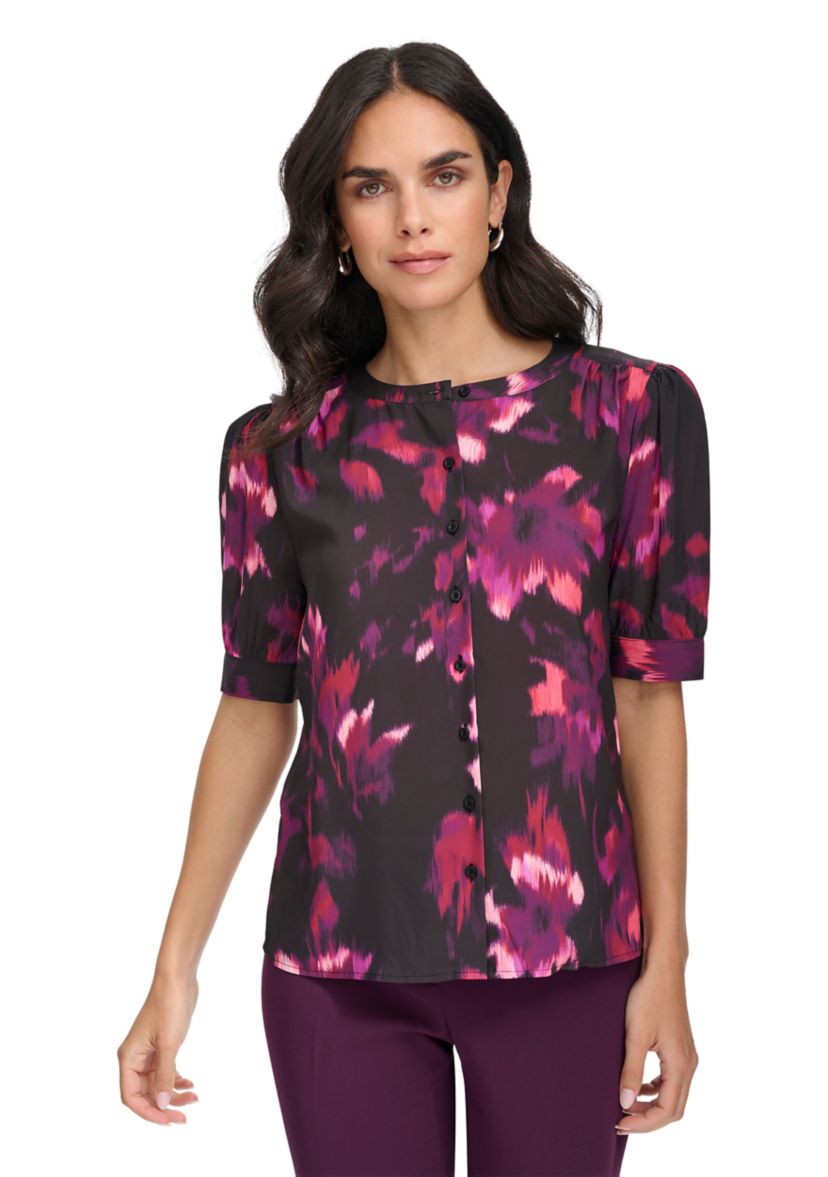 Womens Short Sleeve Button Front Blouse