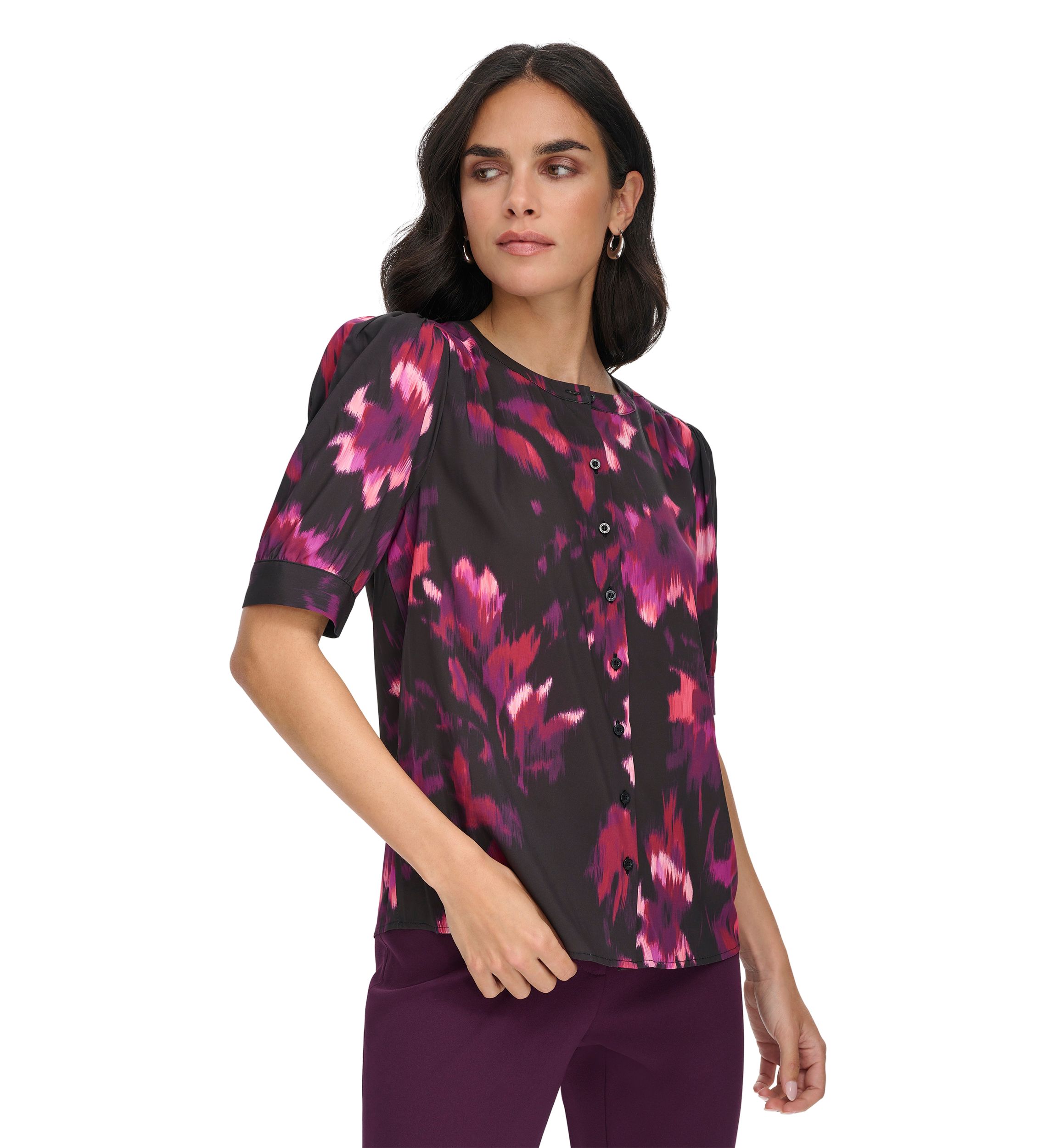 Womens Short Sleeve Button Front Blouse