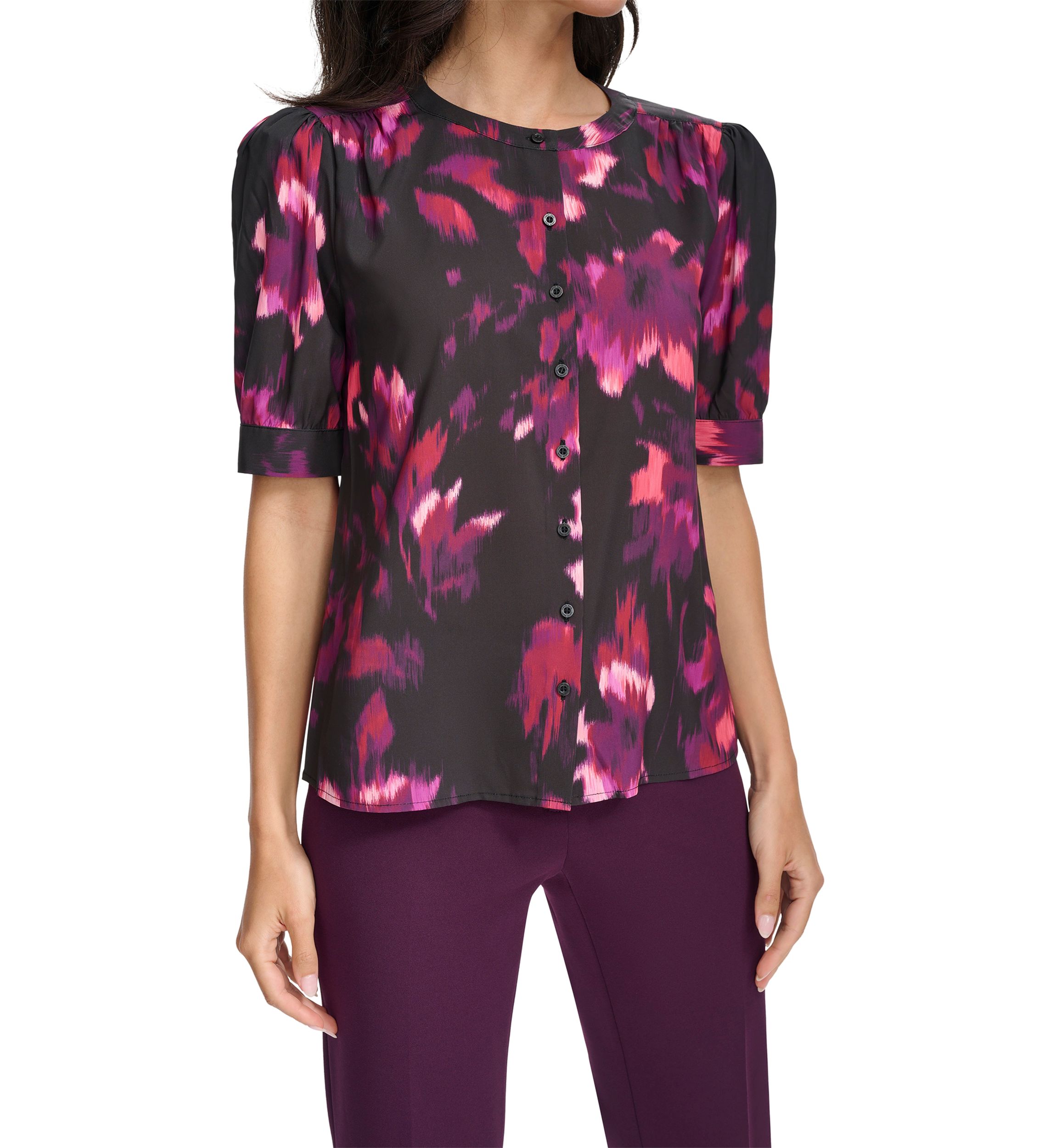 Womens Short Sleeve Button Front Blouse
