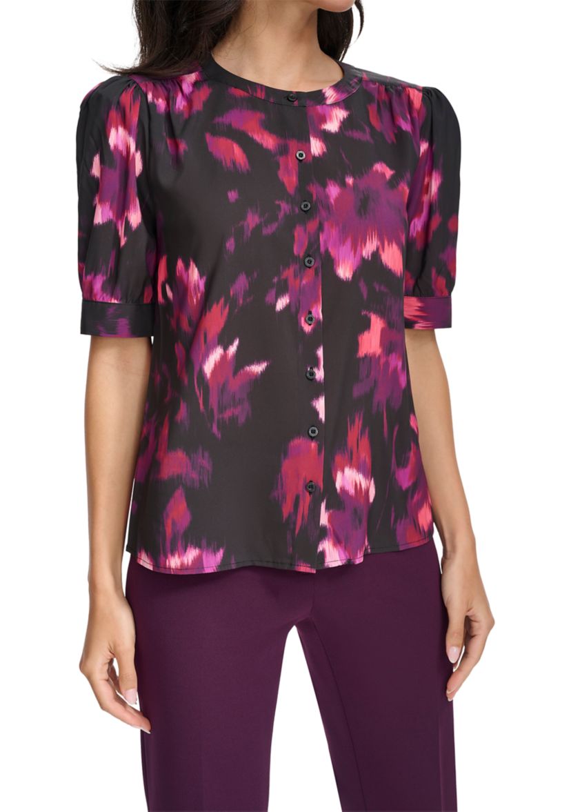 Womens Short Sleeve Button Front Blouse