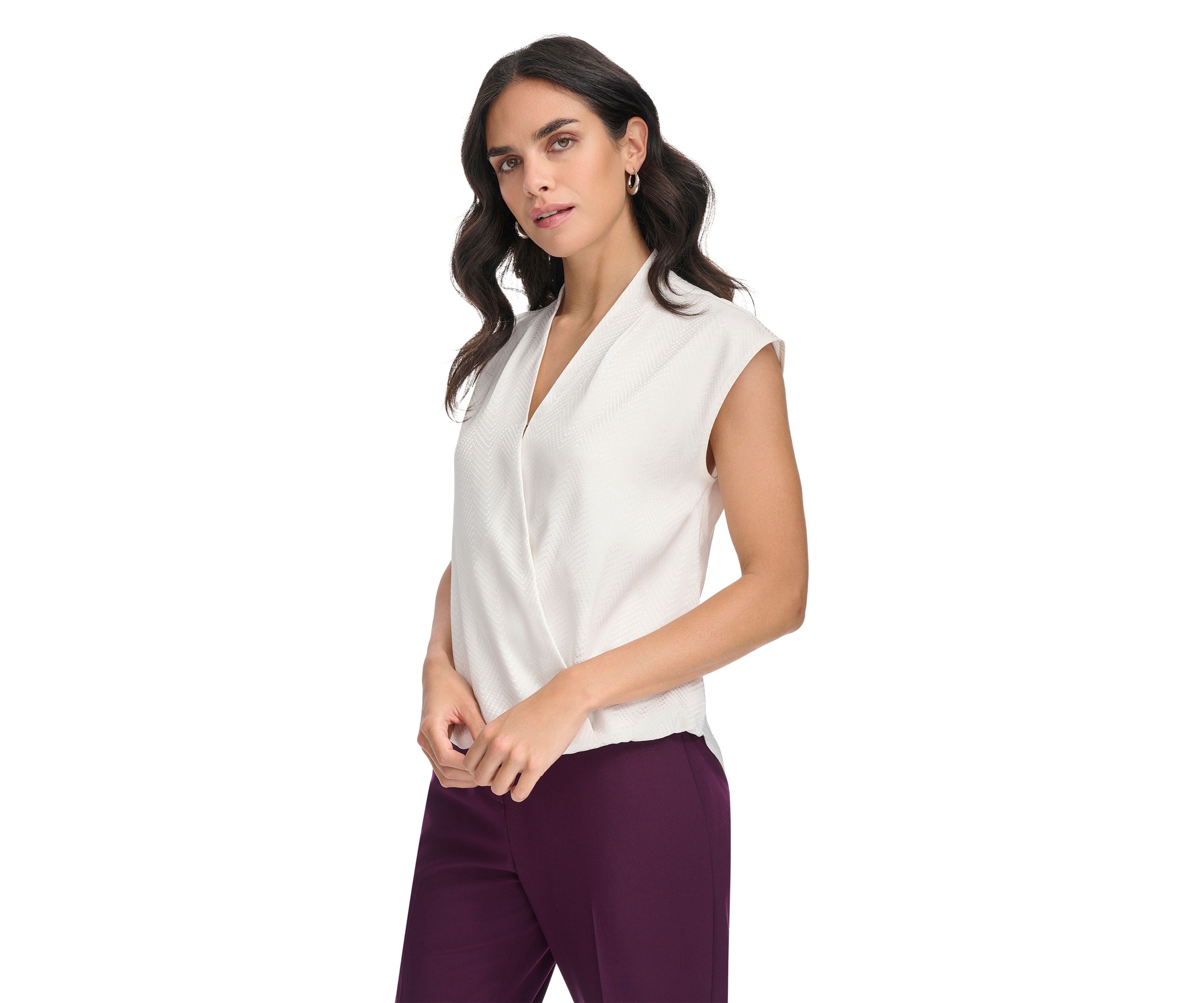 Womens Tonal Print Cap Sleeve Cross Front Blouse