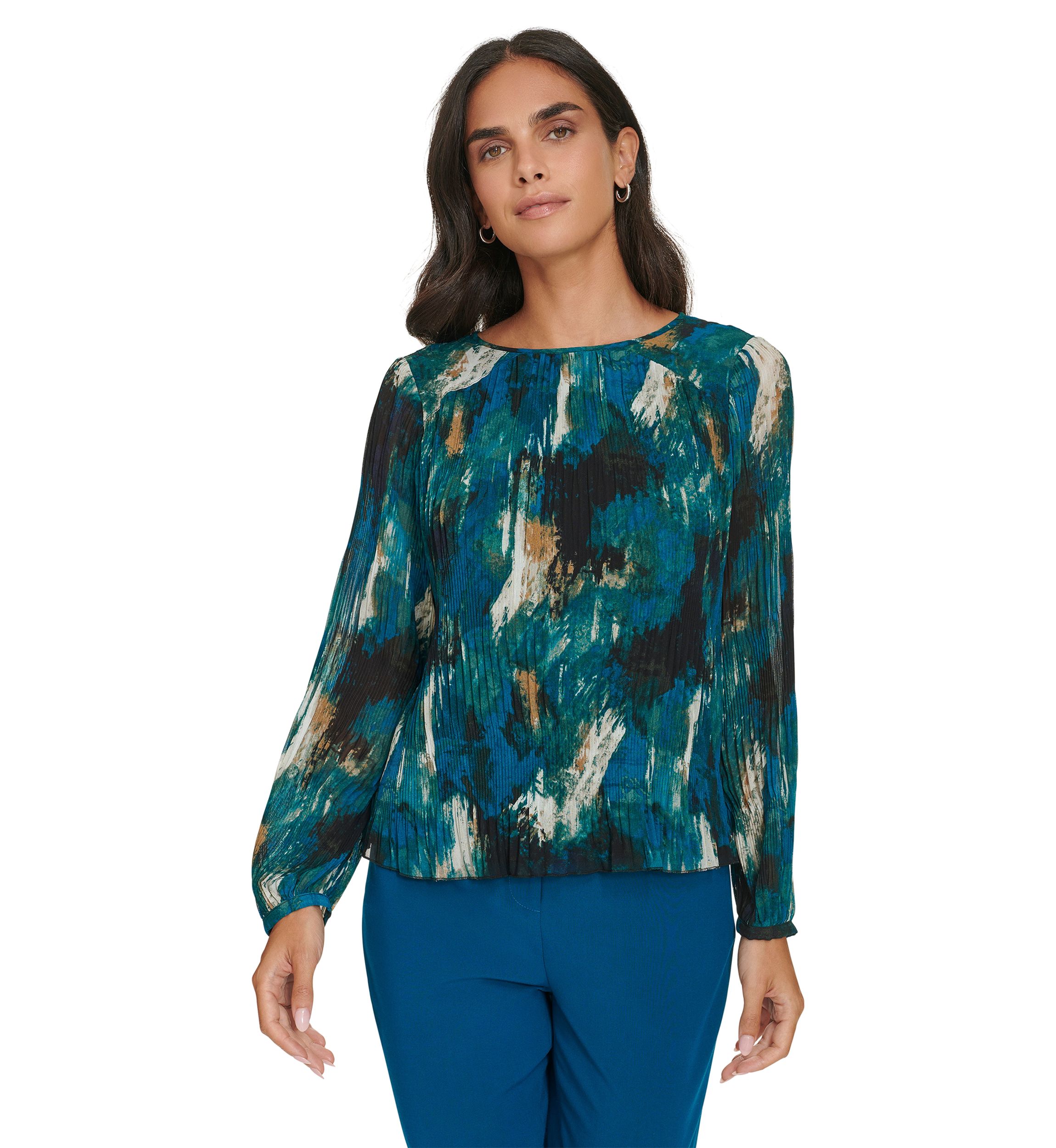 Womens Long Sleeve Printed Accordion Pleated Top