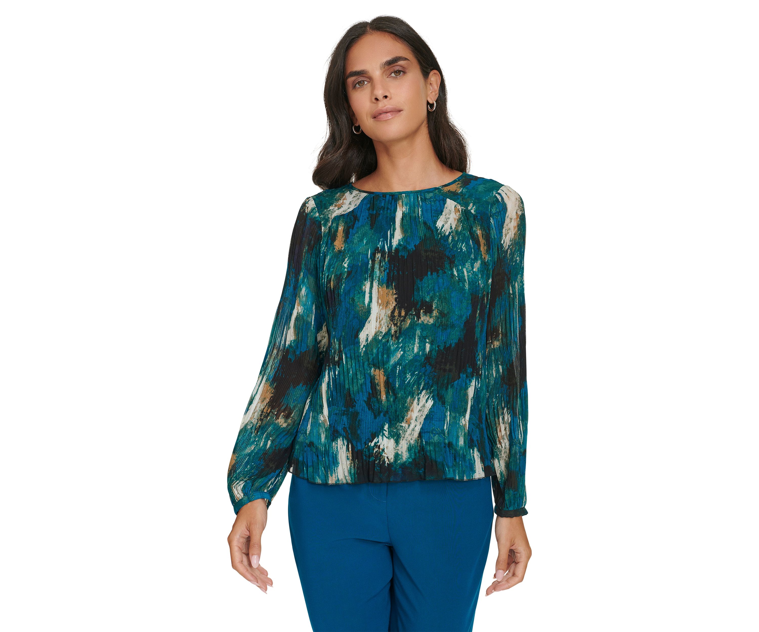 Womens Long Sleeve Printed Accordion Pleated Top
