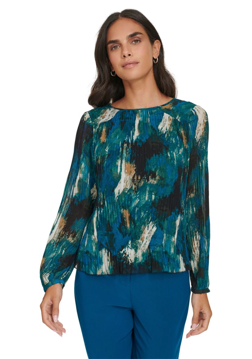 Womens Long Sleeve Printed Accordion Pleated Top
