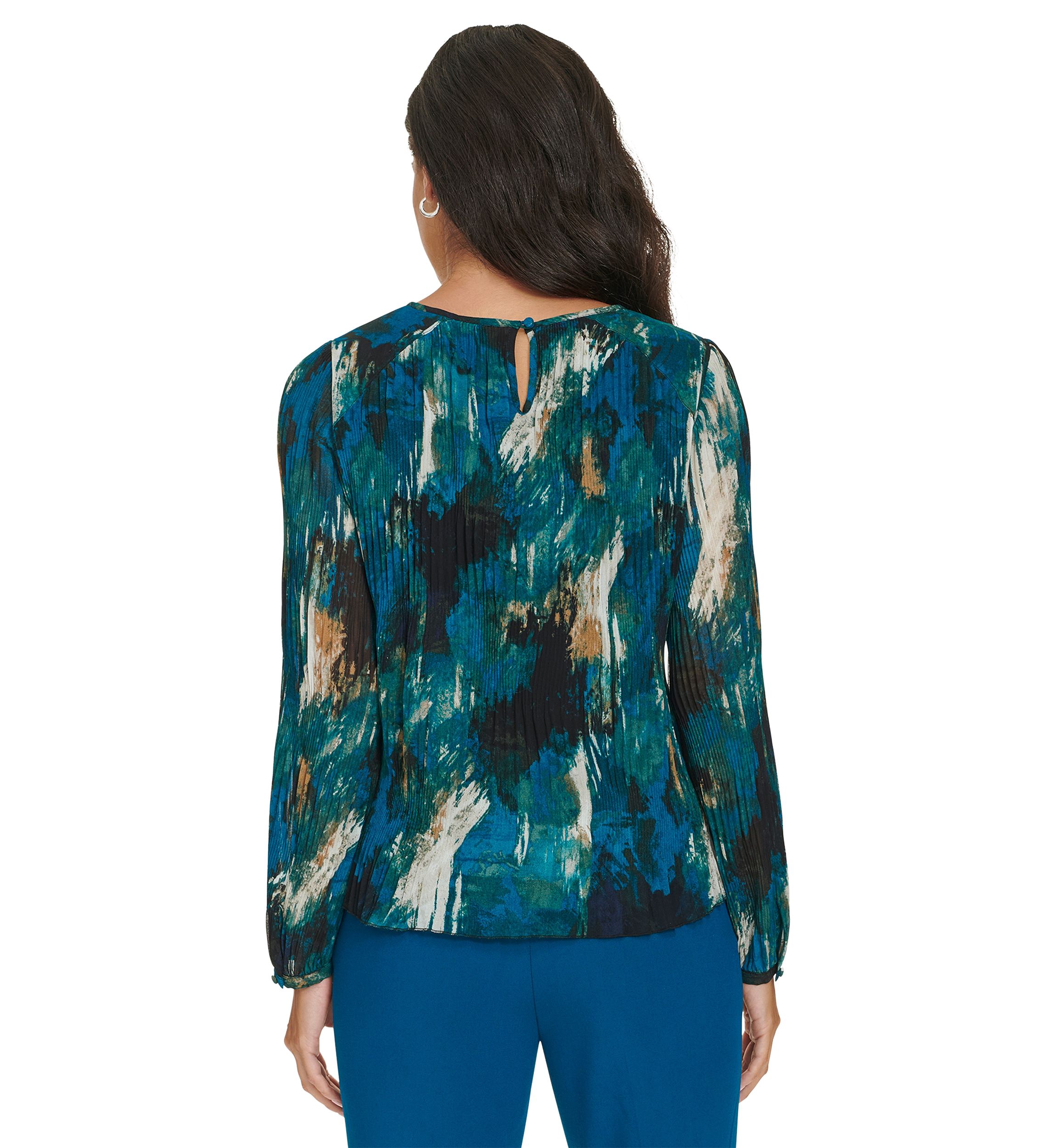 Womens Long Sleeve Printed Accordion Pleated Top