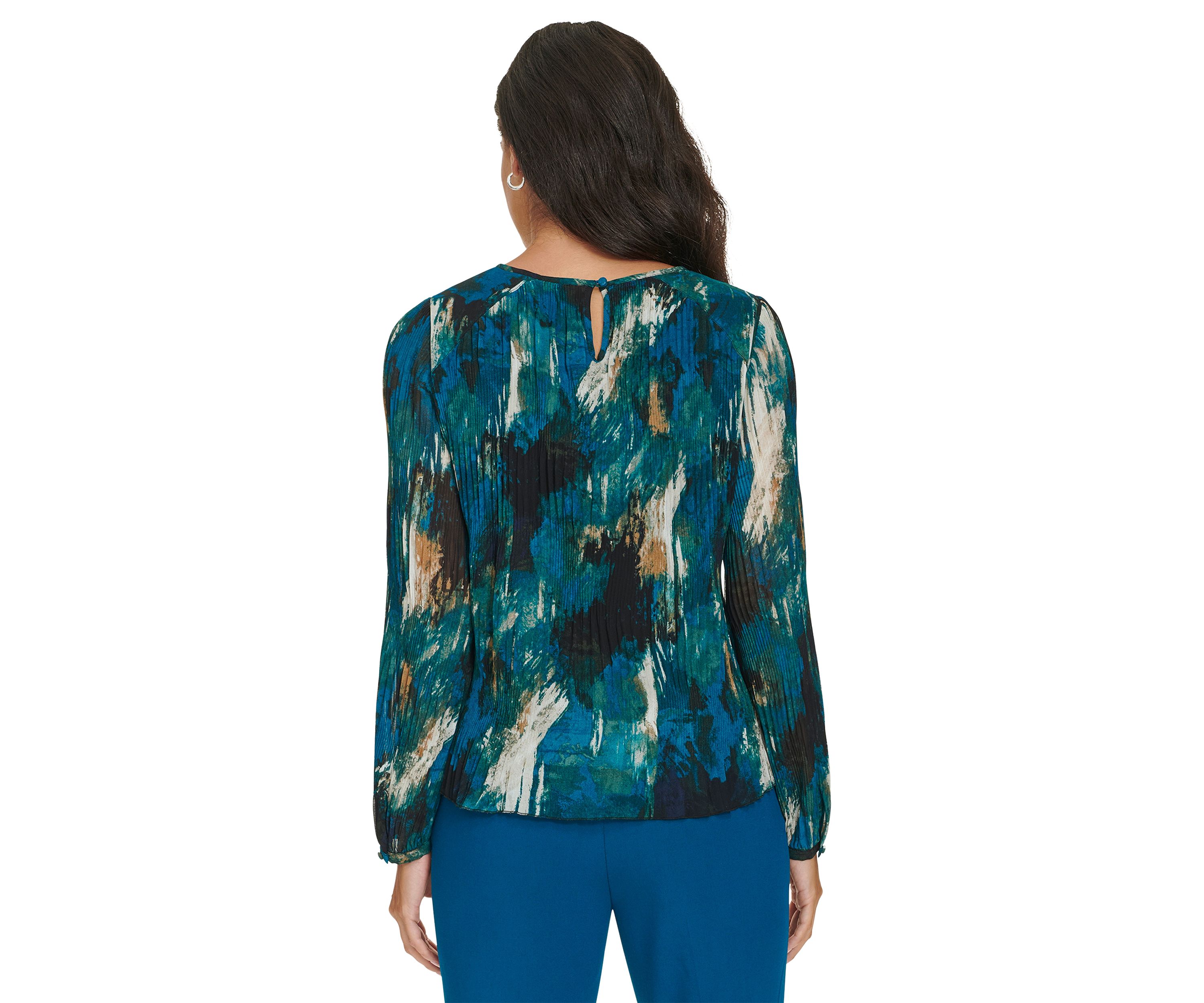 Womens Long Sleeve Printed Accordion Pleated Top