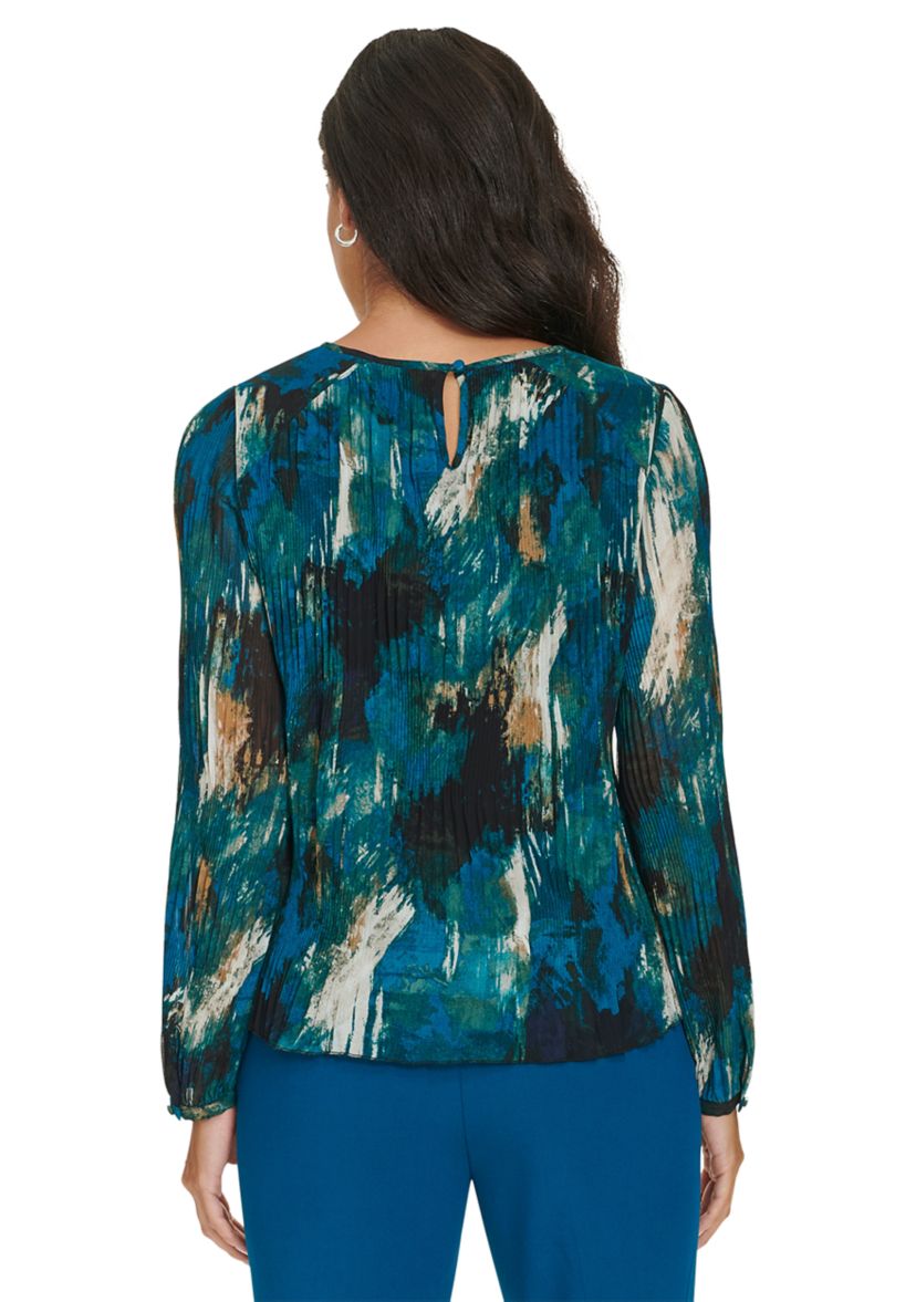 Womens Long Sleeve Printed Accordion Pleated Top