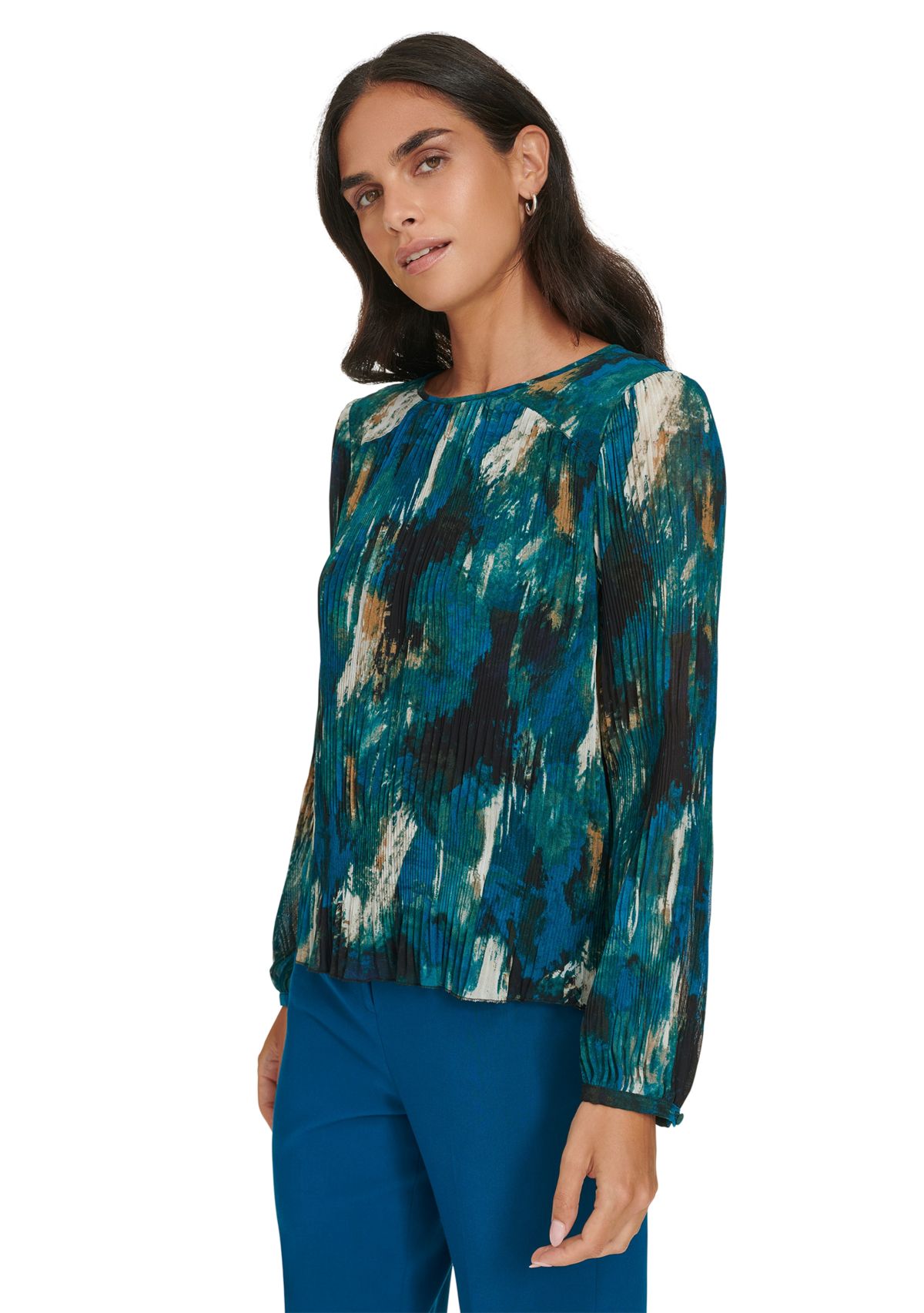 Womens Long Sleeve Printed Accordion Pleated Top