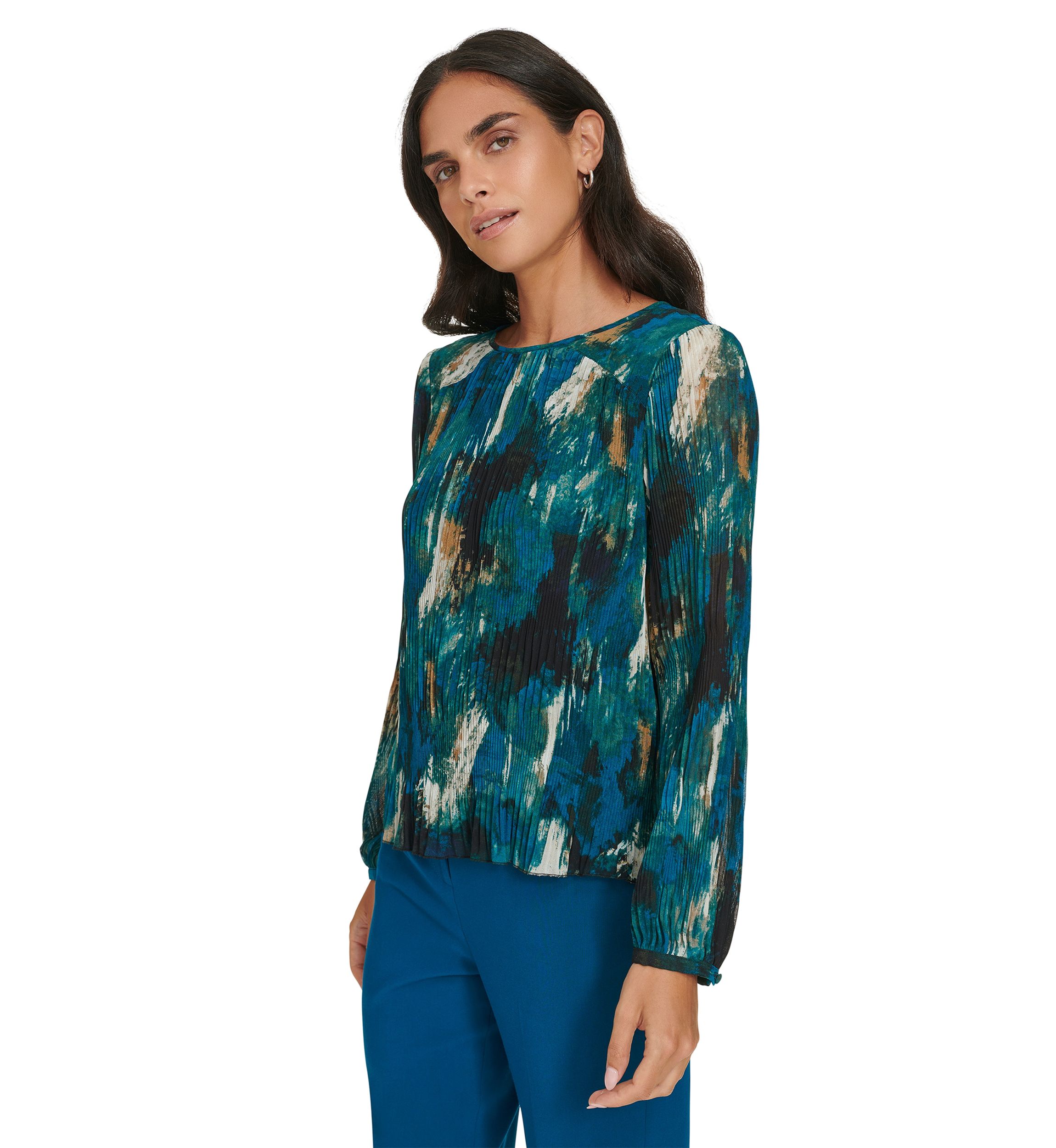 Womens Long Sleeve Printed Accordion Pleated Top
