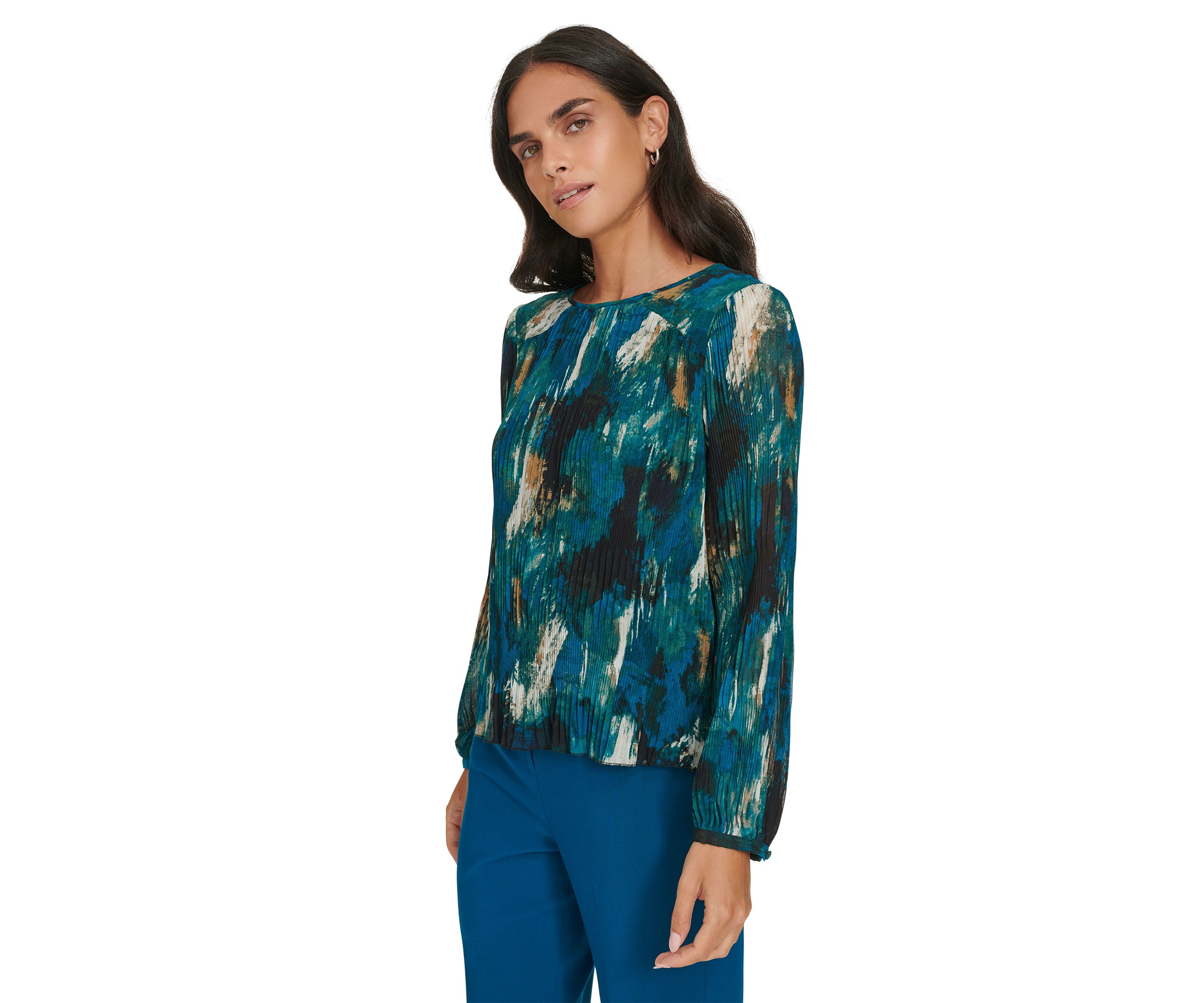 Womens Long Sleeve Printed Accordion Pleated Top