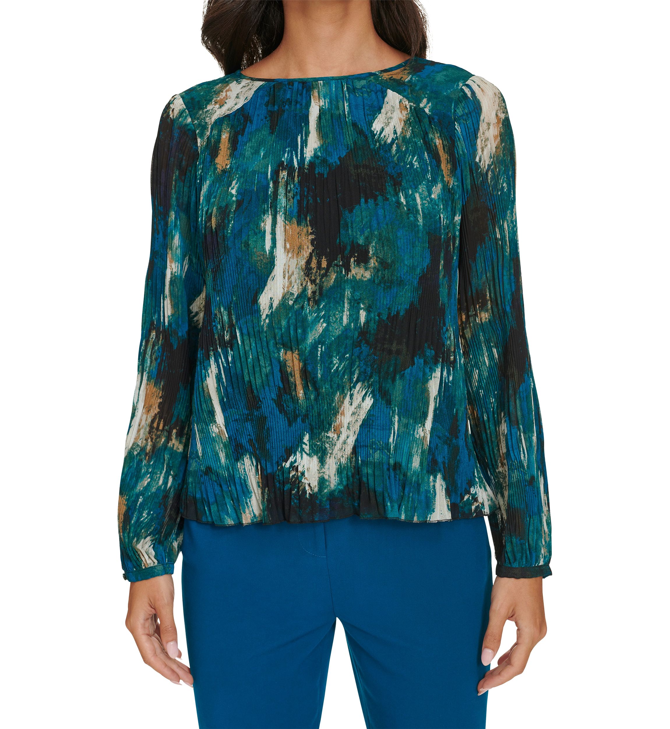 Womens Long Sleeve Printed Accordion Pleated Top