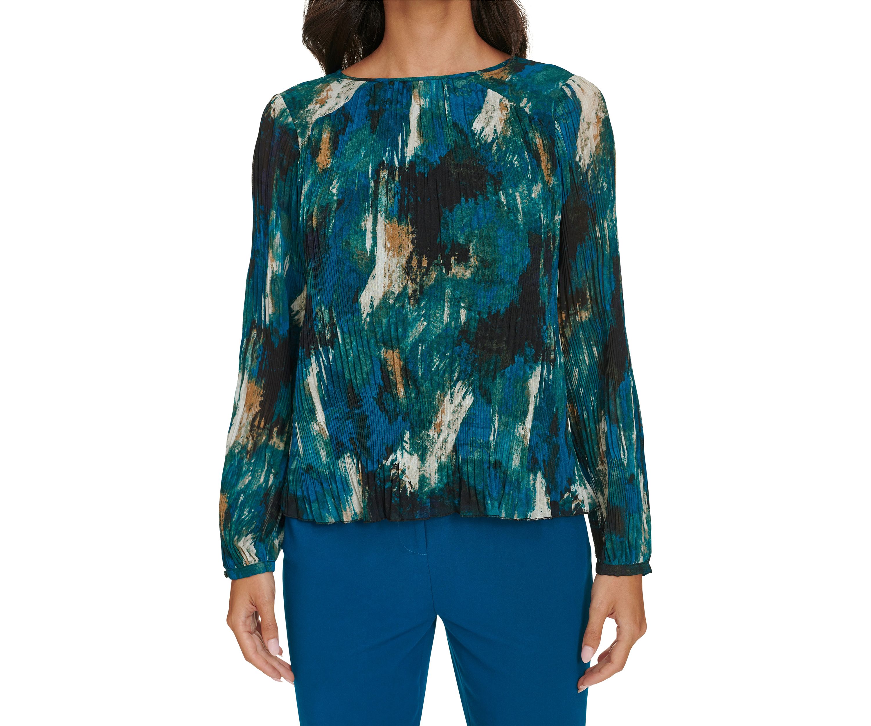 Womens Long Sleeve Printed Accordion Pleated Top