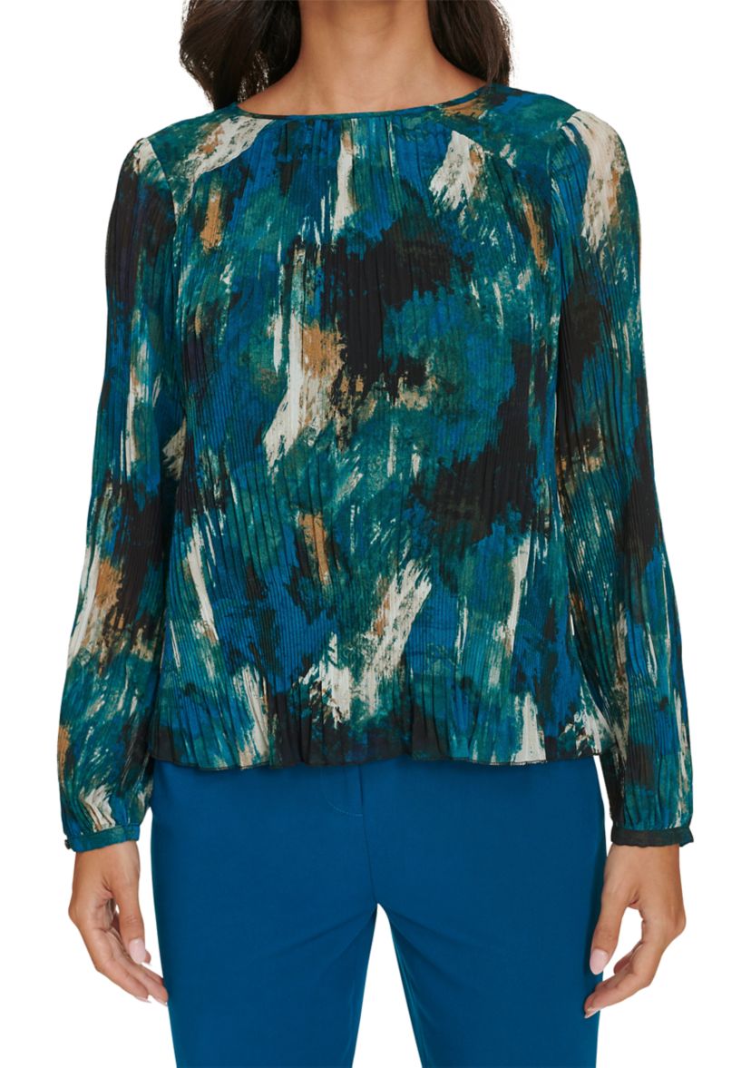 Womens Long Sleeve Printed Accordion Pleated Top