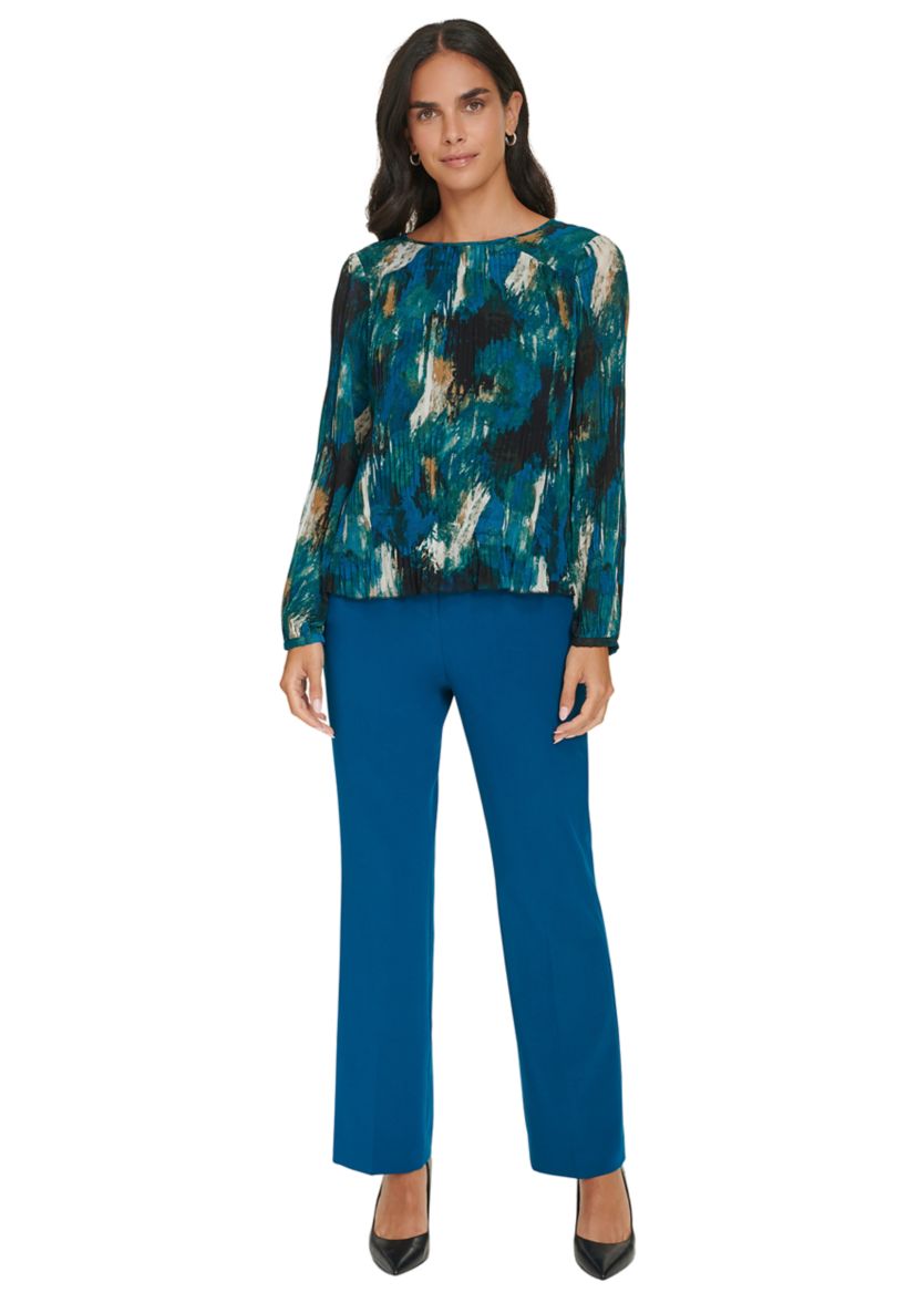Womens Long Sleeve Printed Accordion Pleated Top