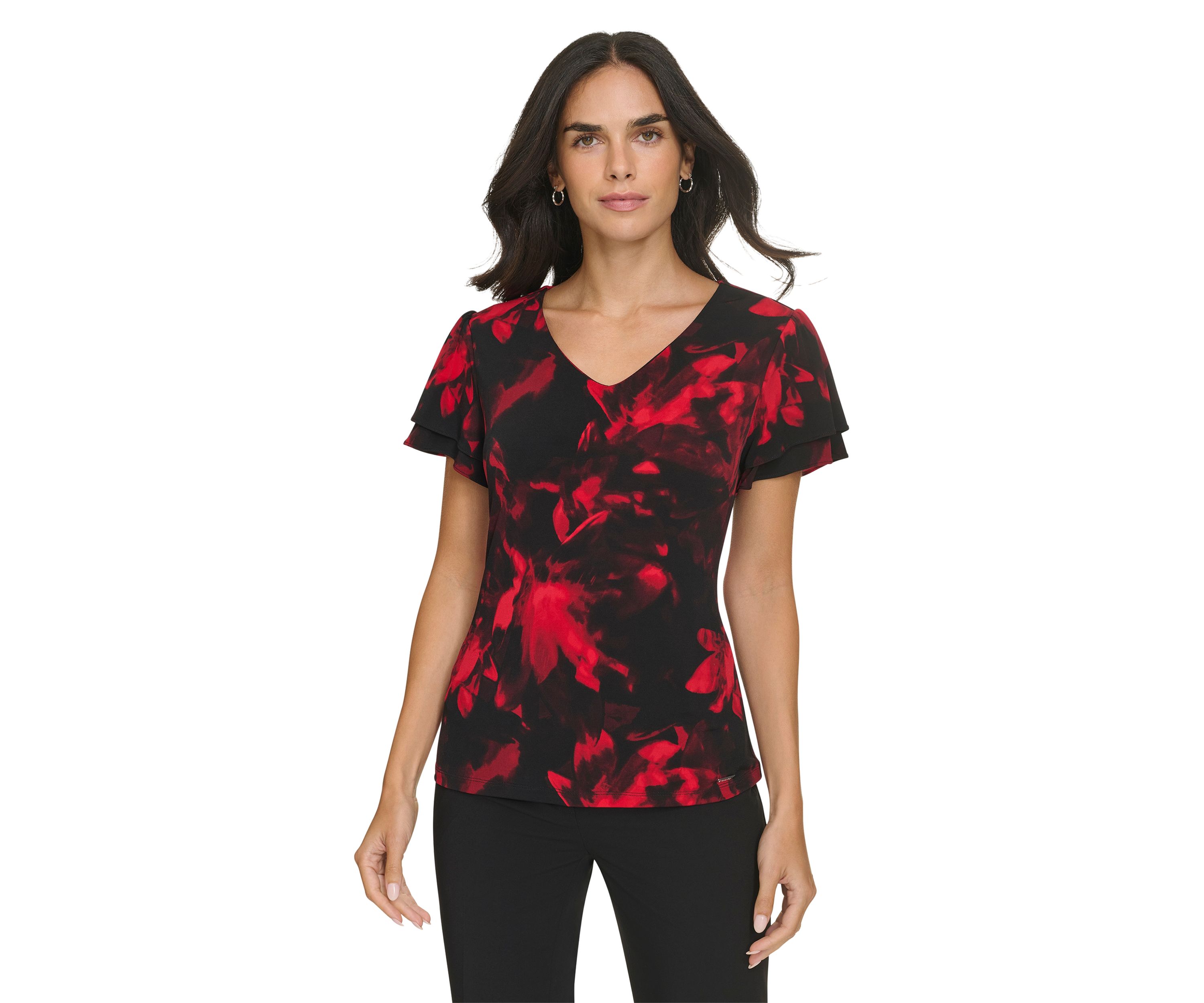 Womens V-Neck Short Flutter Sleeve Top