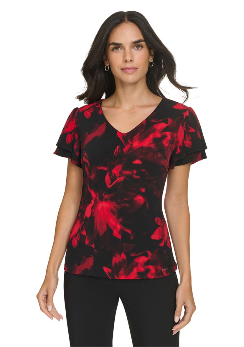 Womens V-Neck Short Flutter Sleeve Top