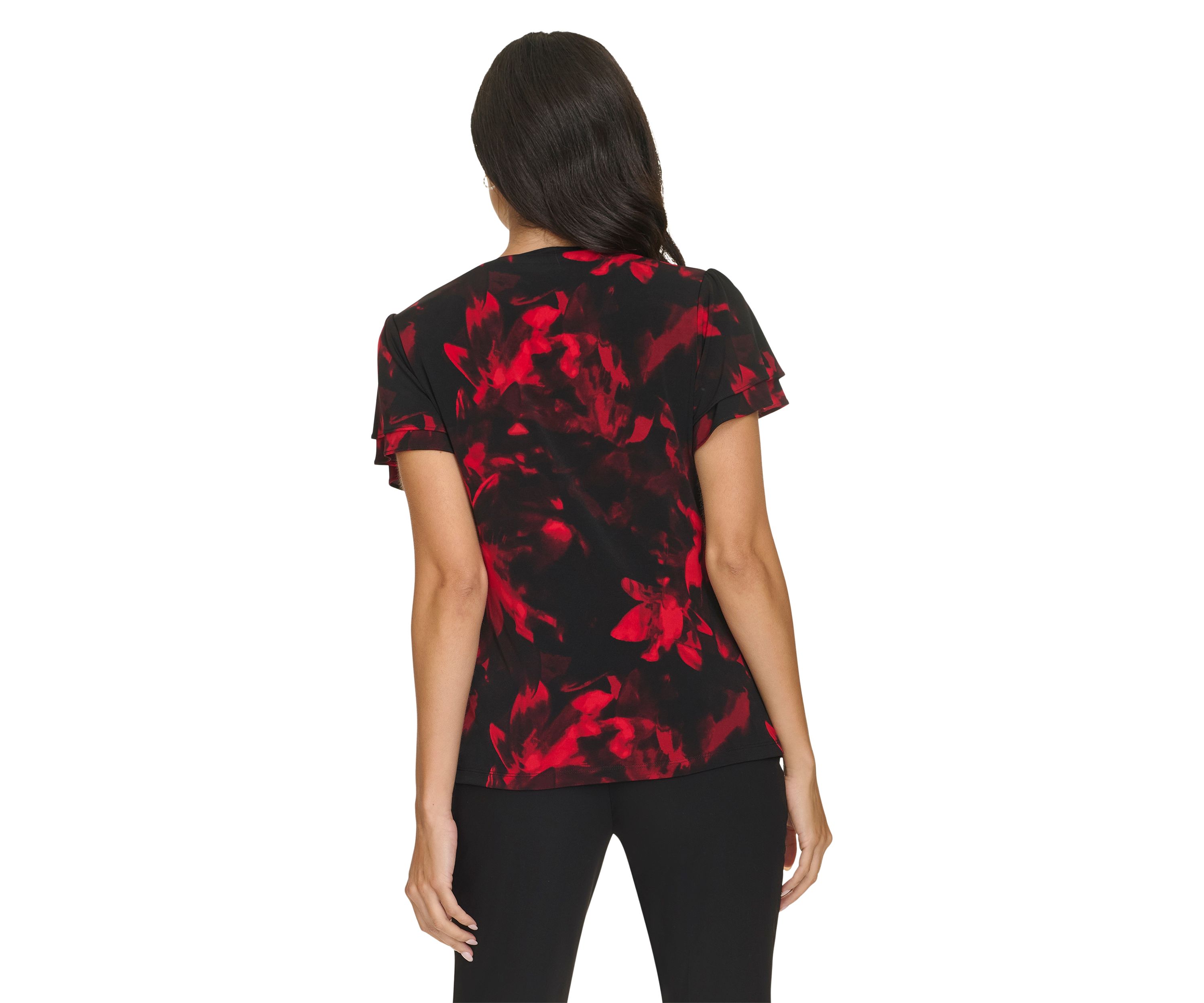 Womens V-Neck Short Flutter Sleeve Top