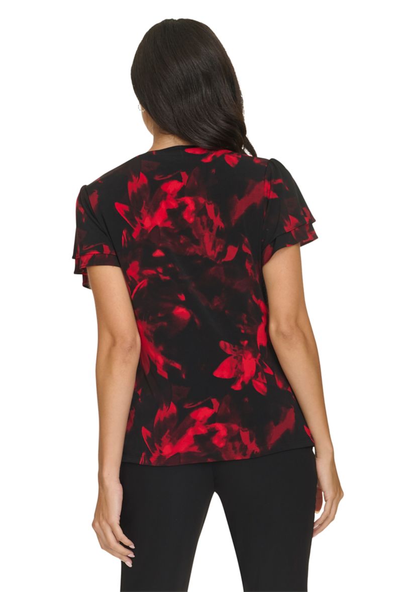 Womens V-Neck Short Flutter Sleeve Top