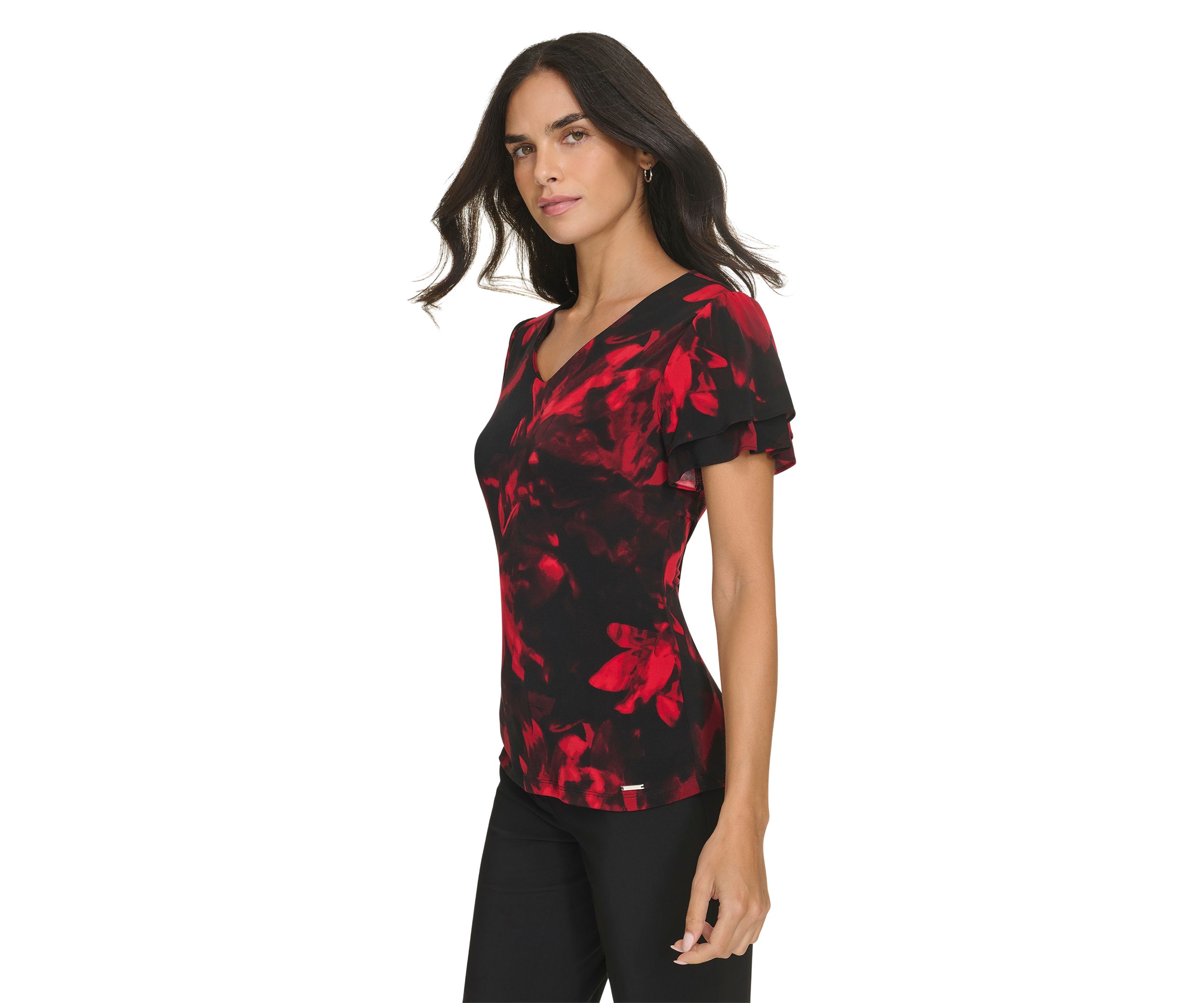 Womens V-Neck Short Flutter Sleeve Top