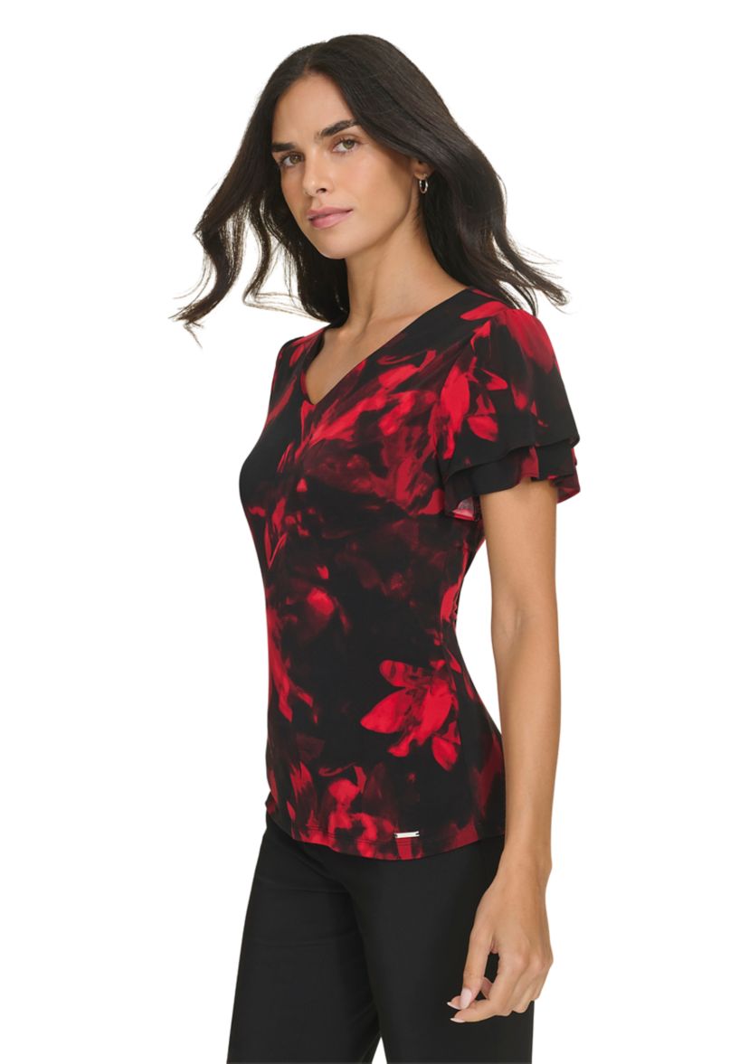 Womens V-Neck Short Flutter Sleeve Top