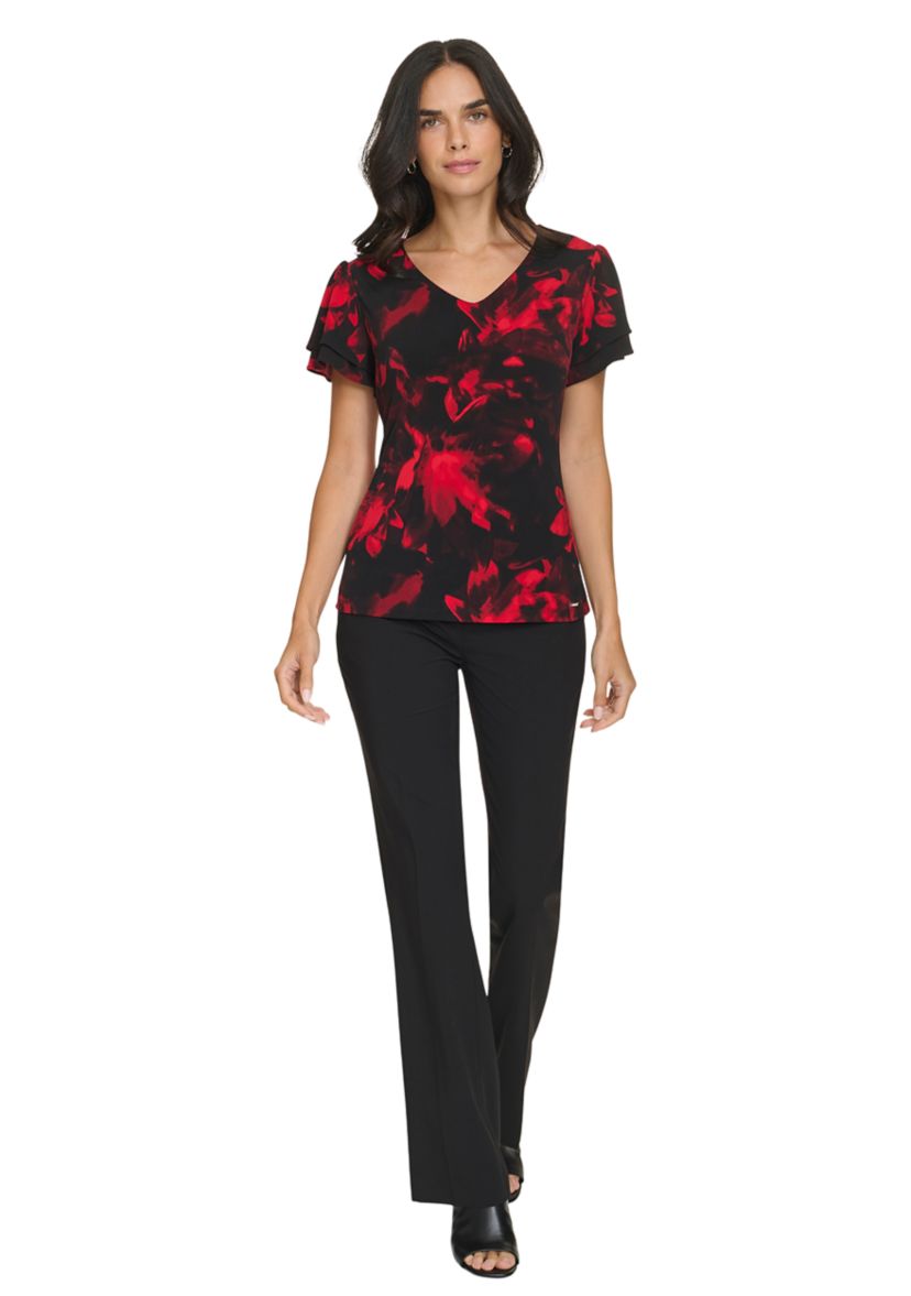 Womens V-Neck Short Flutter Sleeve Top