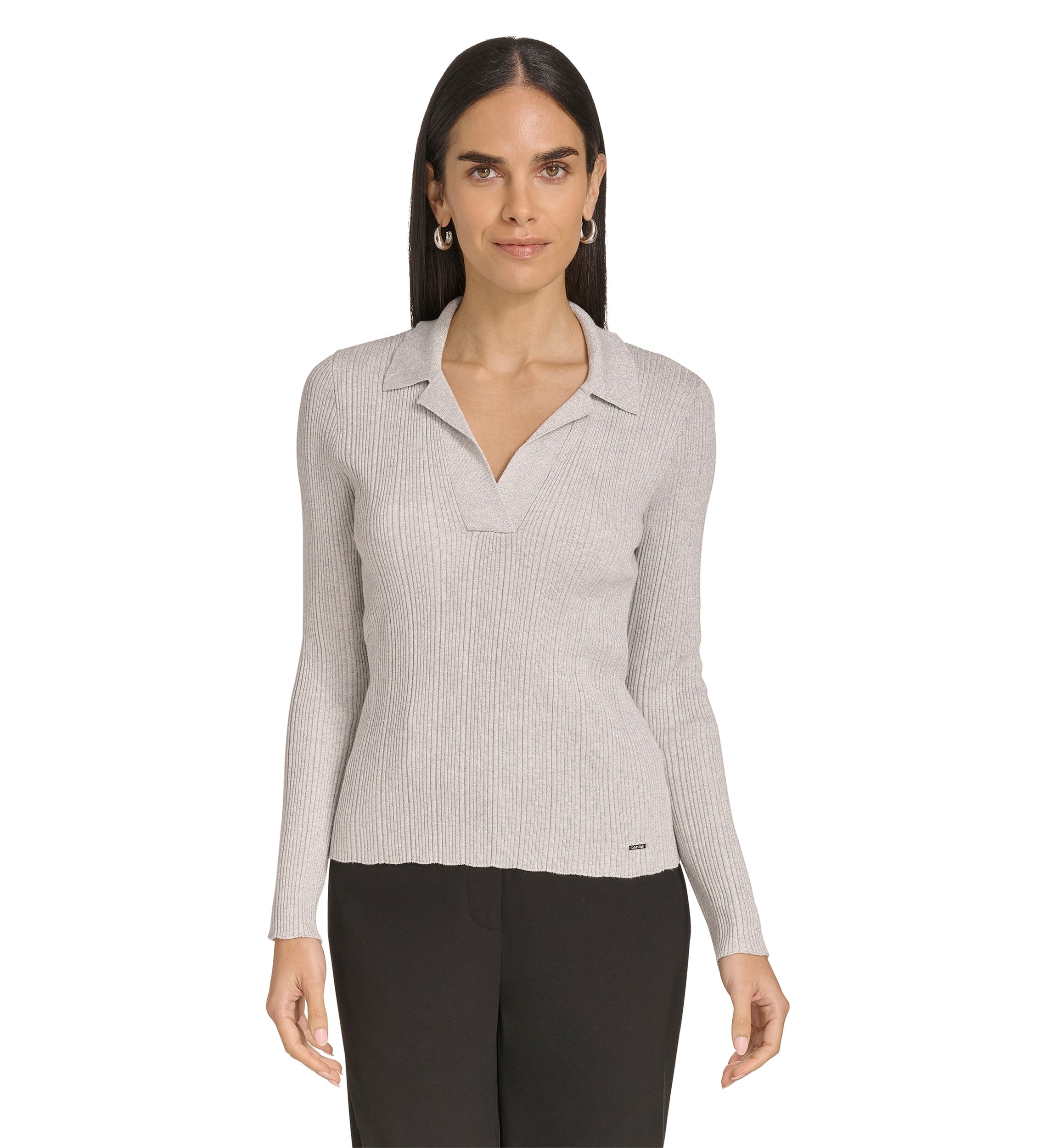 Womens Long Sleeve V-Neck Collared Sweater