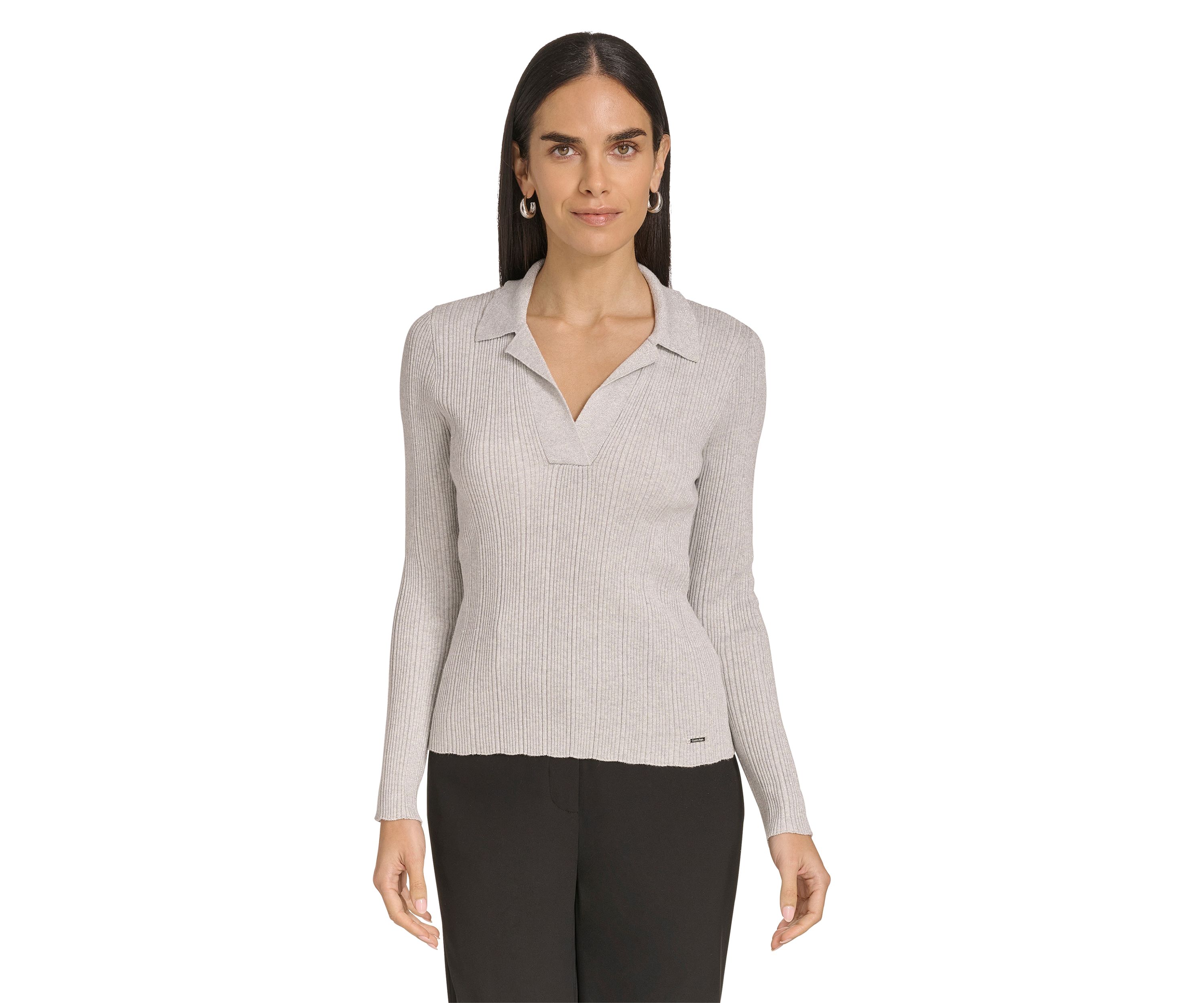 Womens Long Sleeve V-Neck Collared Sweater