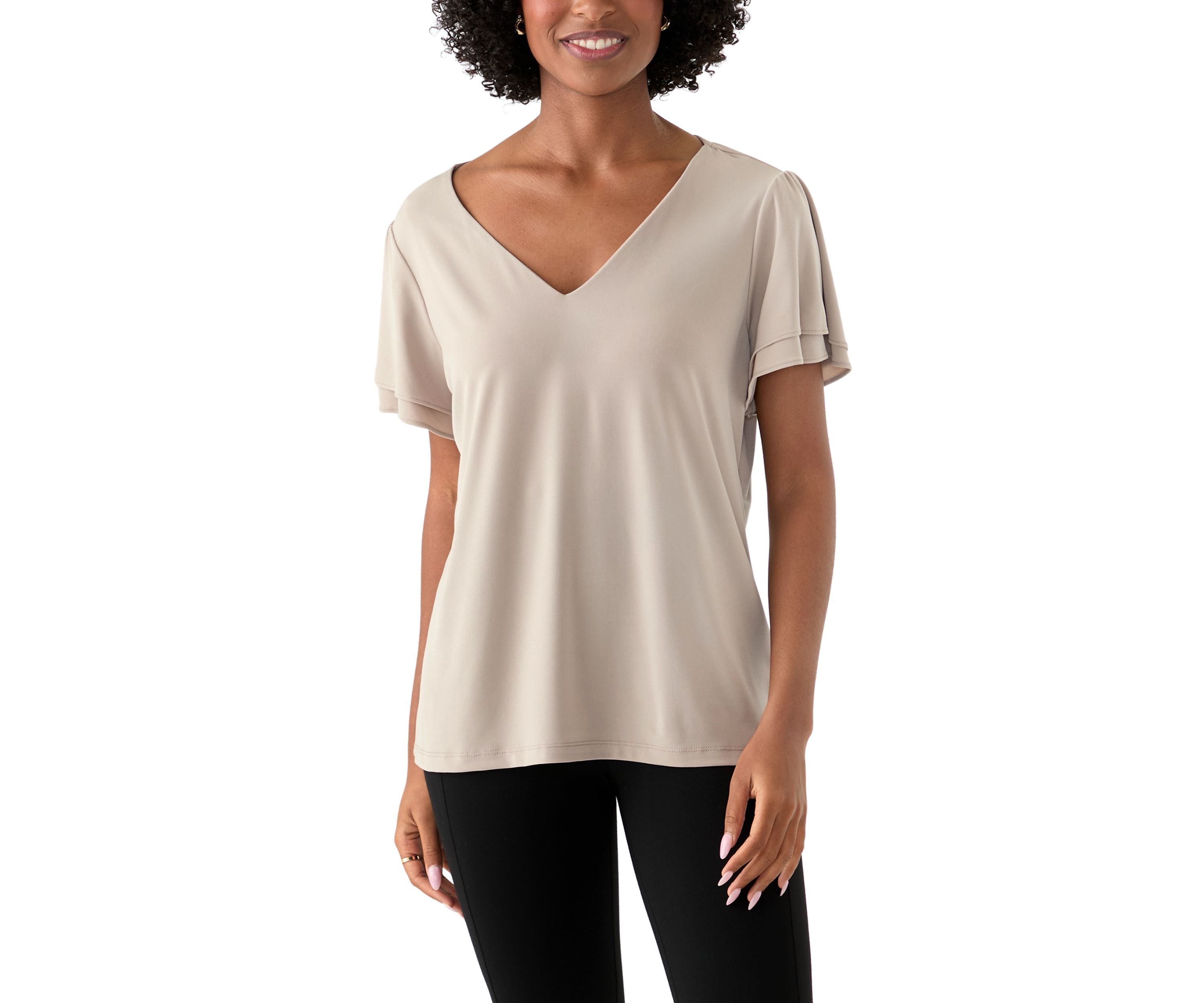 Womens V-neck Short Double Tier Sleeve Top