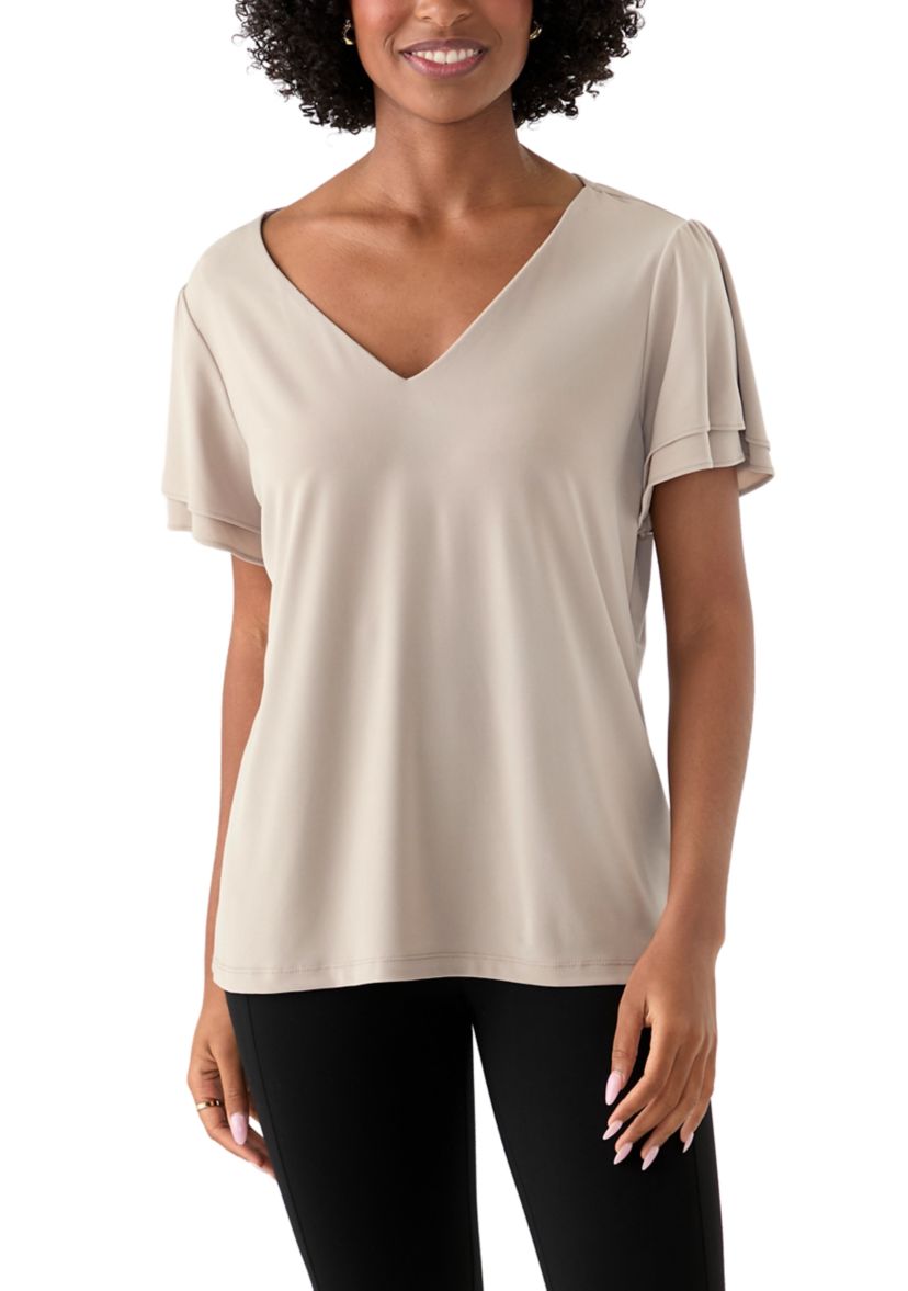 Womens V-neck Short Double Tier Sleeve Top