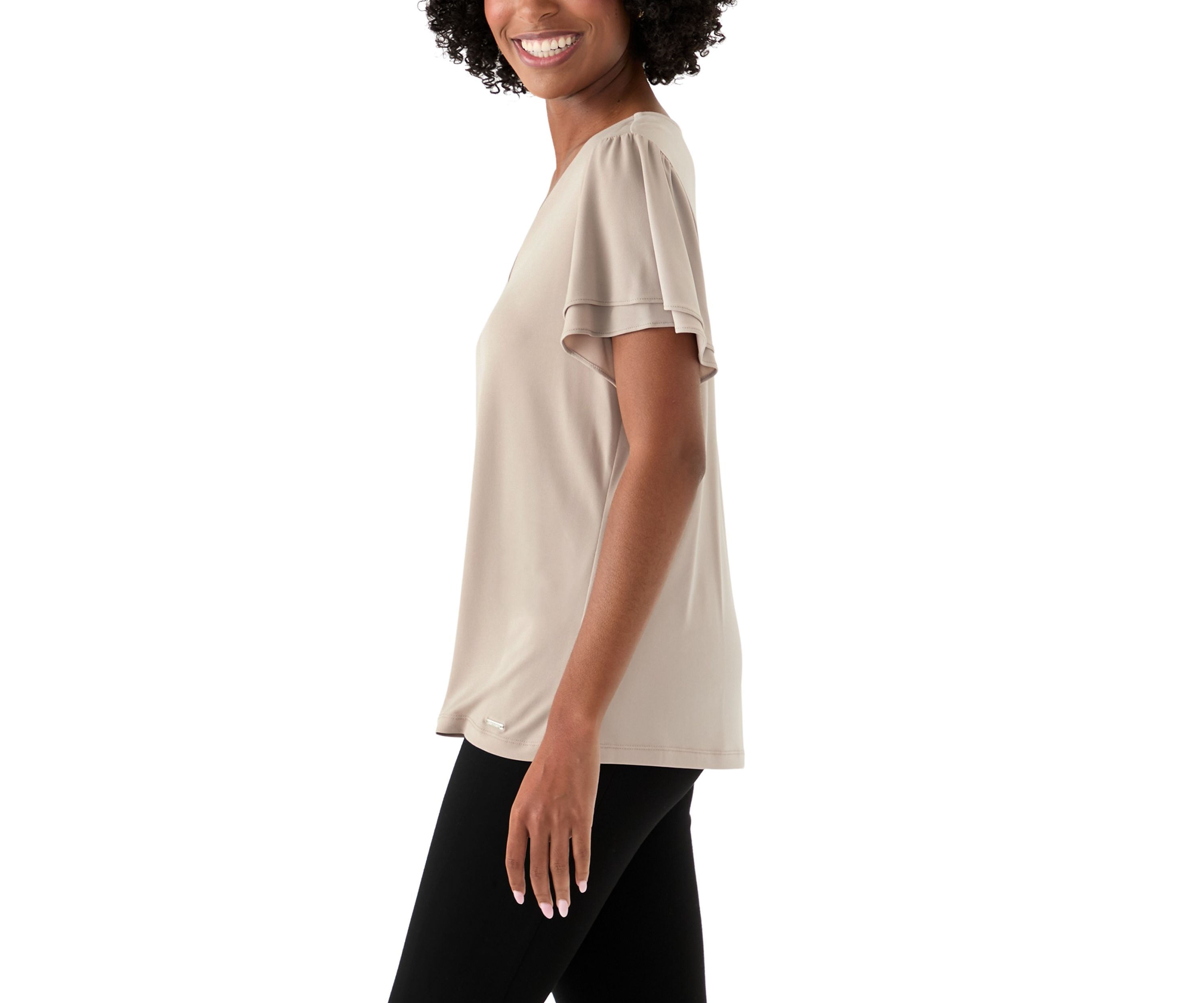 Womens V-neck Short Double Tier Sleeve Top