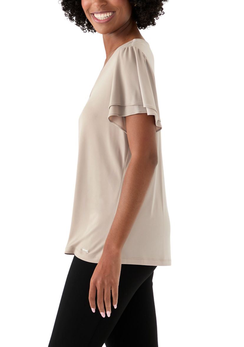 Womens V-neck Short Double Tier Sleeve Top
