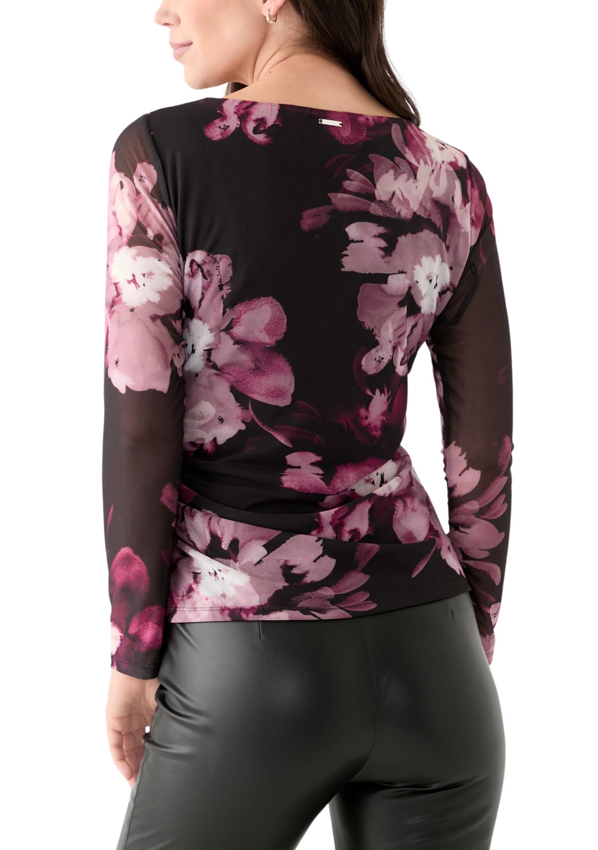 Womens Mesh Long Sleeve Knit Top with Side Ruching