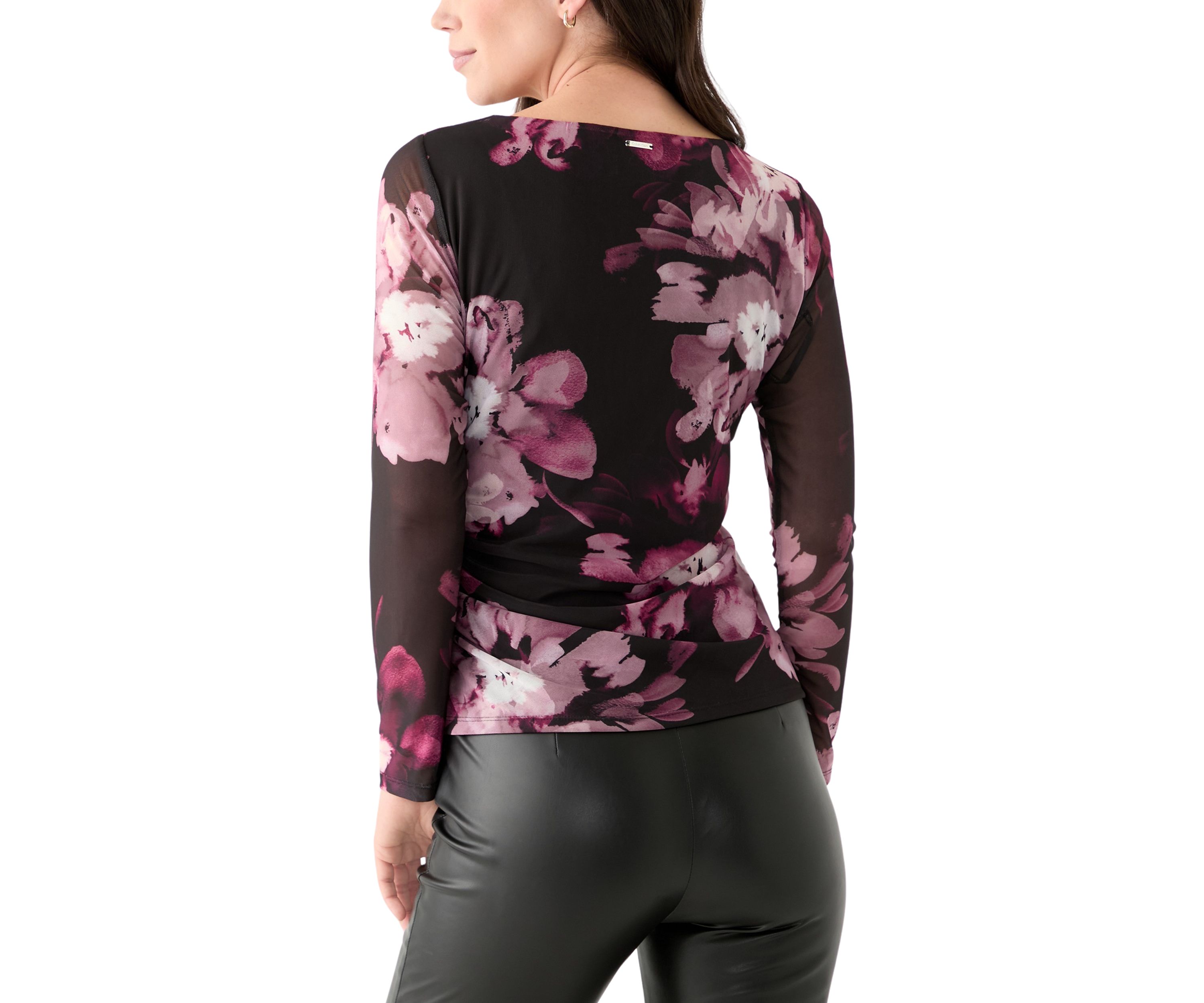Womens Mesh Long Sleeve Knit Top with Side Ruching
