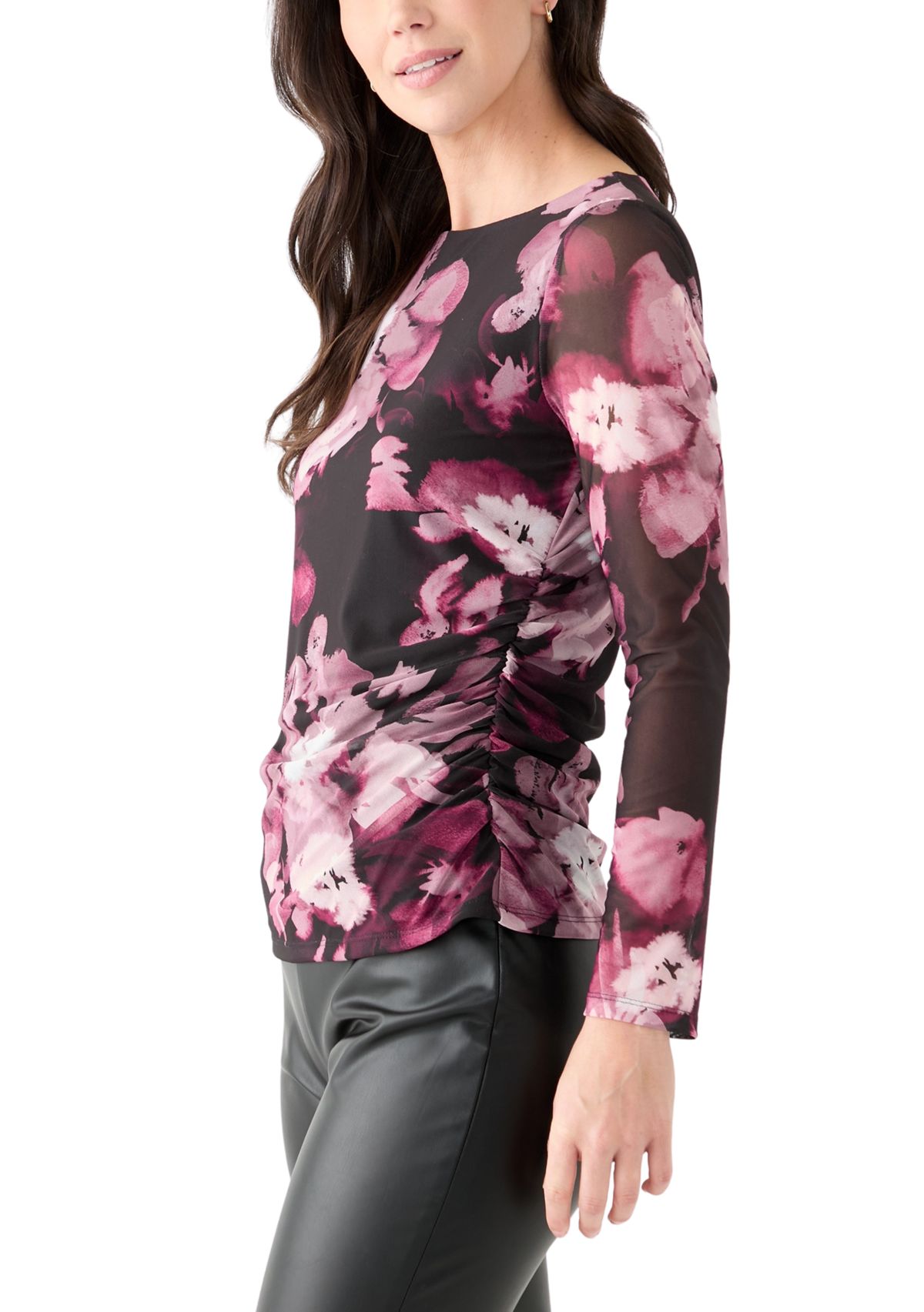 Womens Mesh Long Sleeve Knit Top with Side Ruching