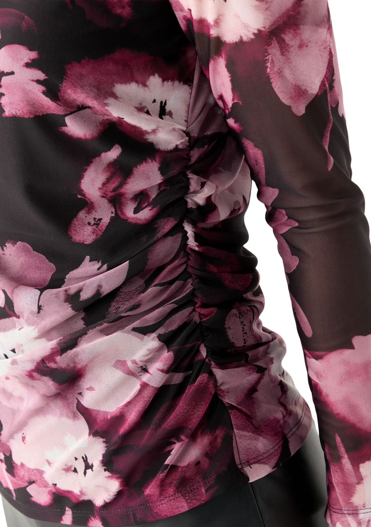 Womens Mesh Long Sleeve Knit Top with Side Ruching