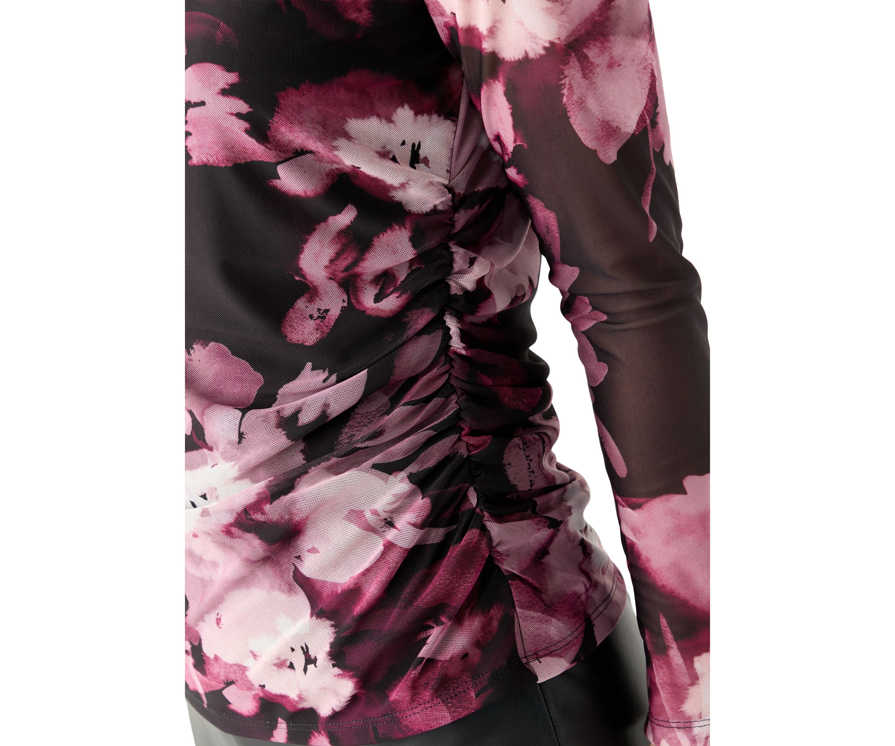 Womens Mesh Long Sleeve Knit Top with Side Ruching