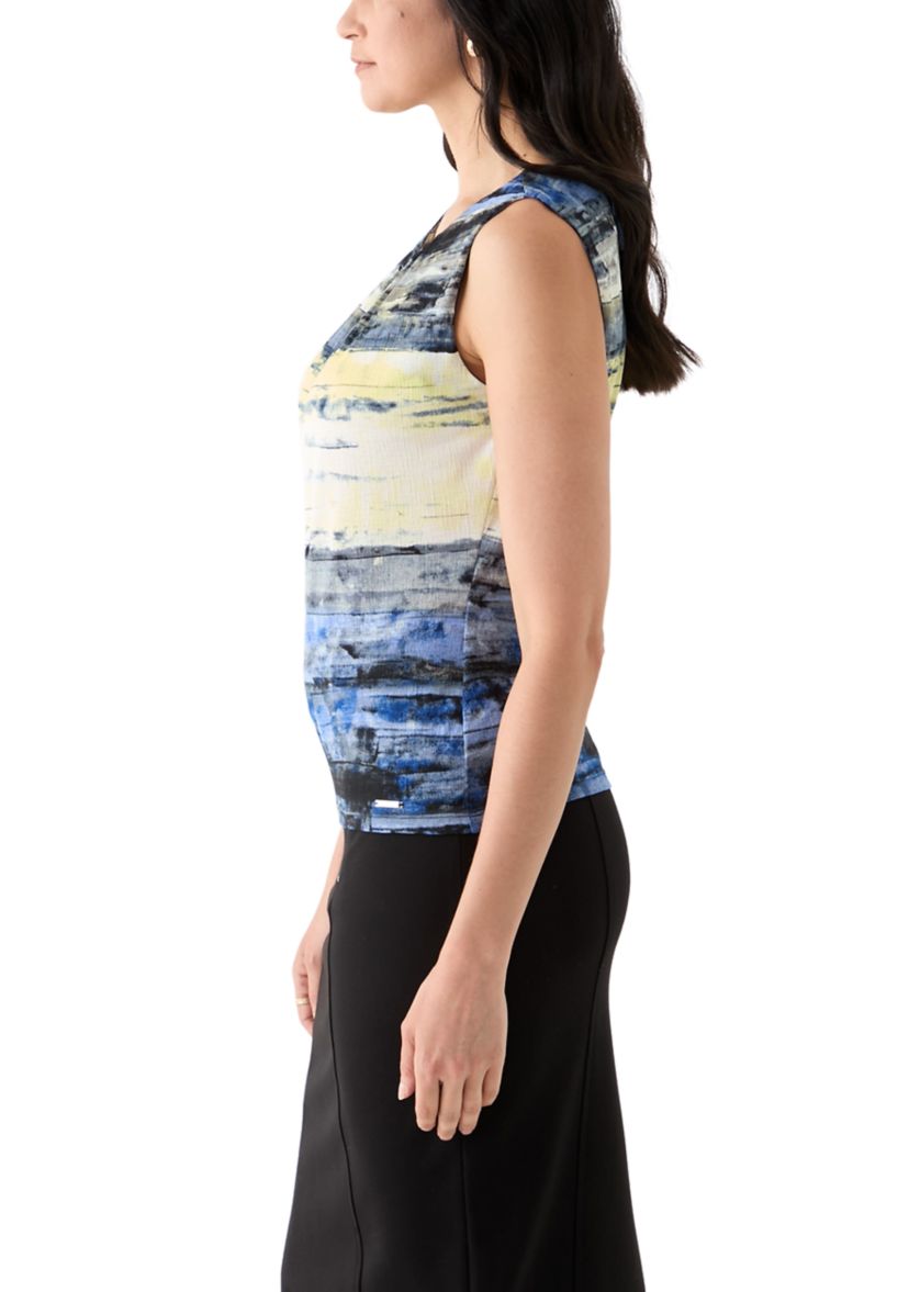 Womens Sleeveless Printed Pleated Top