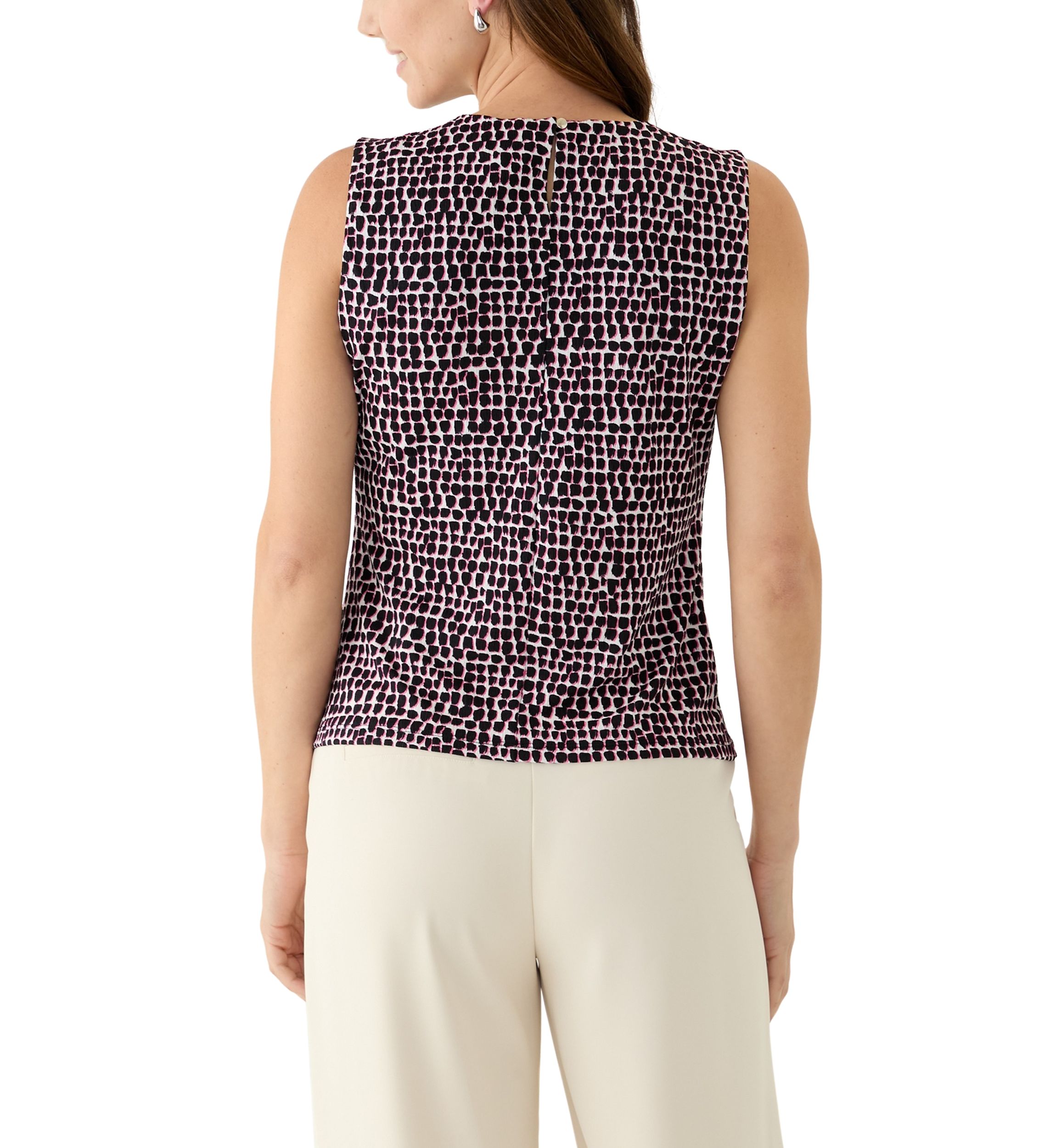 Womens Printed Sleeveless Pleat Neck Top