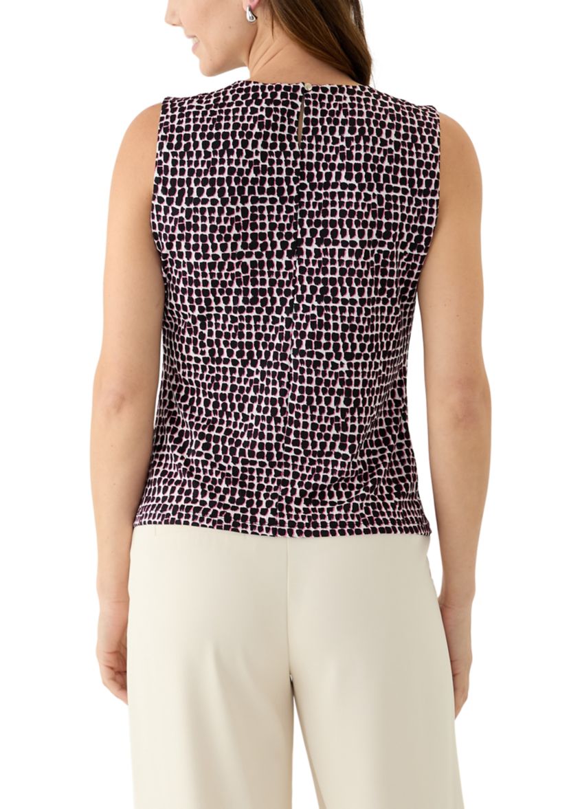 Womens Printed Sleeveless Pleat Neck Top