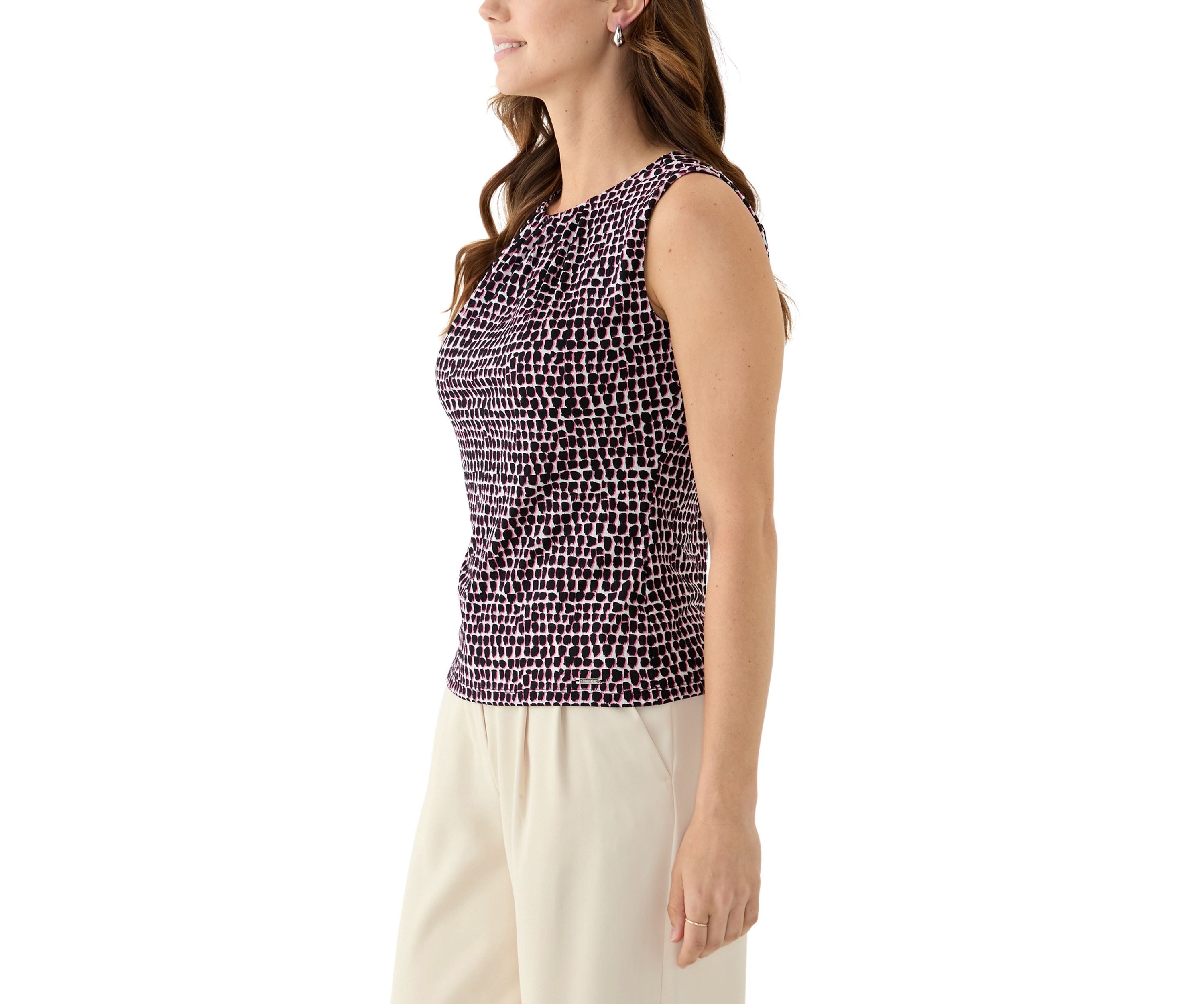 Womens Printed Sleeveless Pleat Neck Top